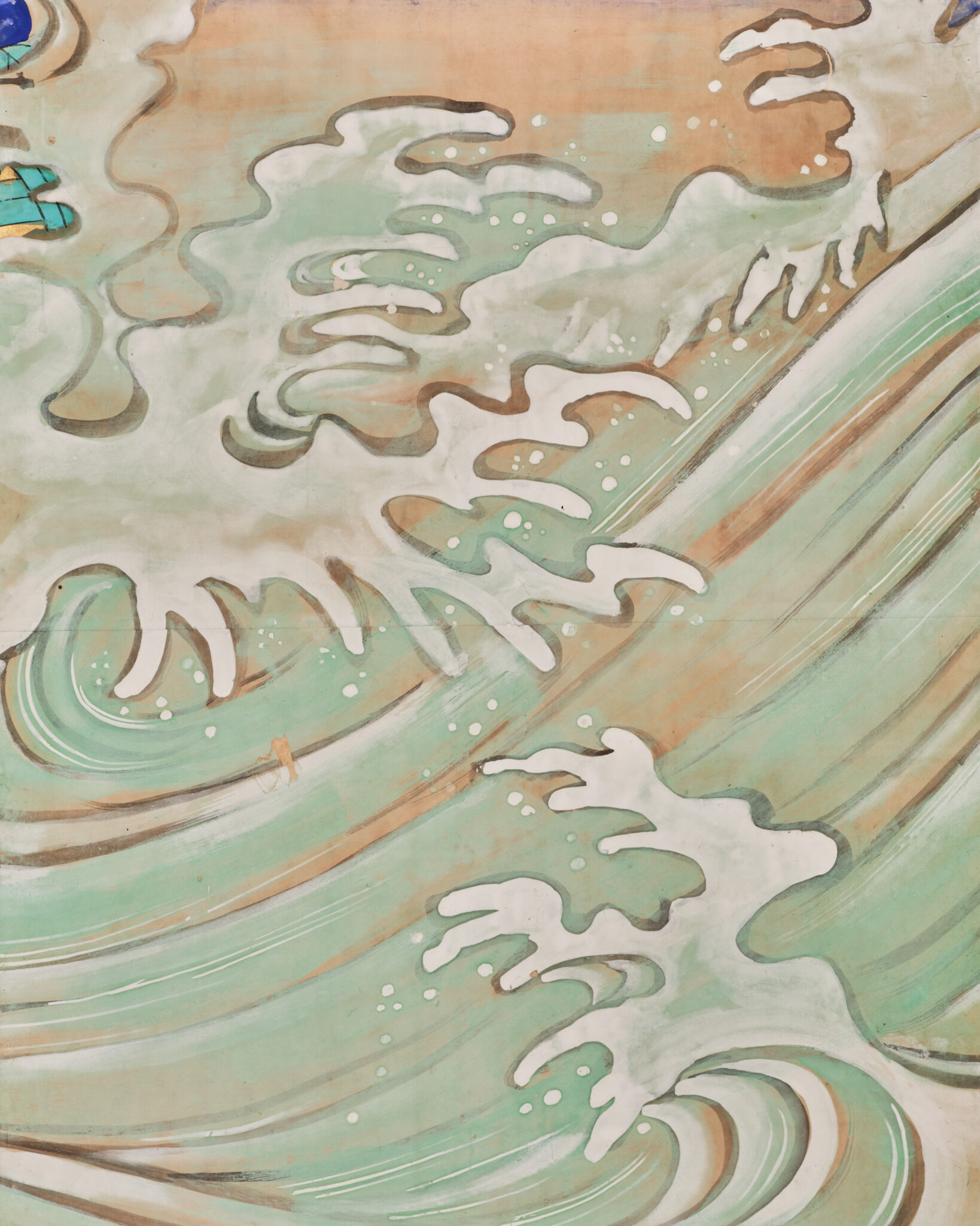 Japanese Six-Panel Screen: Vibrant Ocean Landscape with Fishing Nets