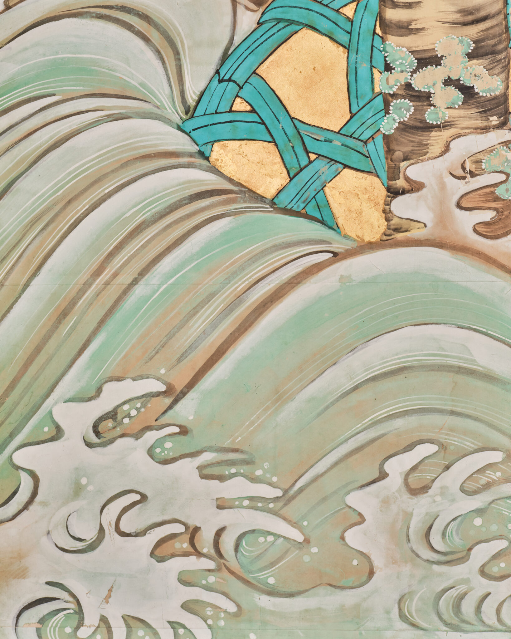 Japanese Six-Panel Screen: Vibrant Ocean Landscape with Fishing Nets
