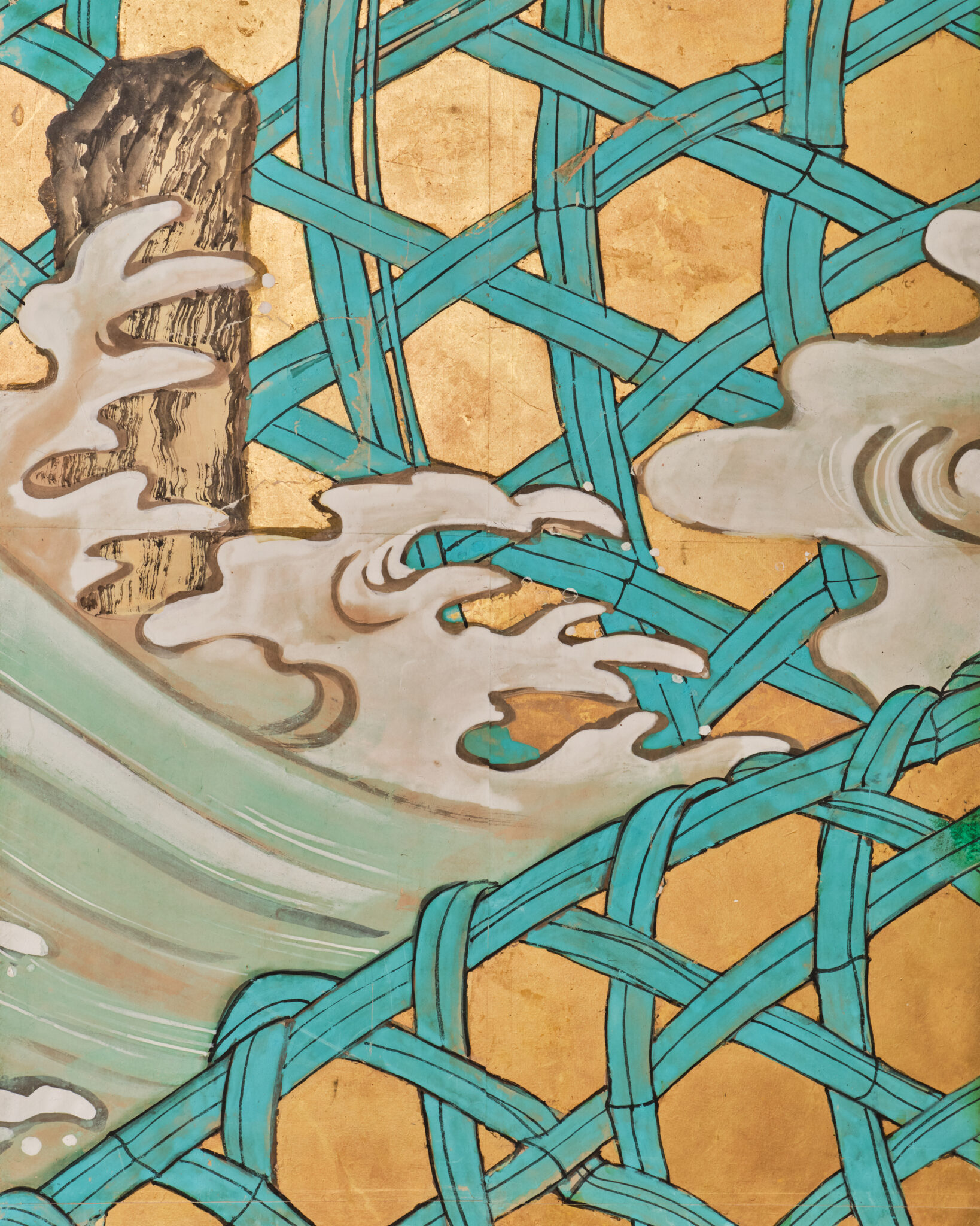 Japanese Six-Panel Screen: Vibrant Ocean Landscape with Fishing Nets