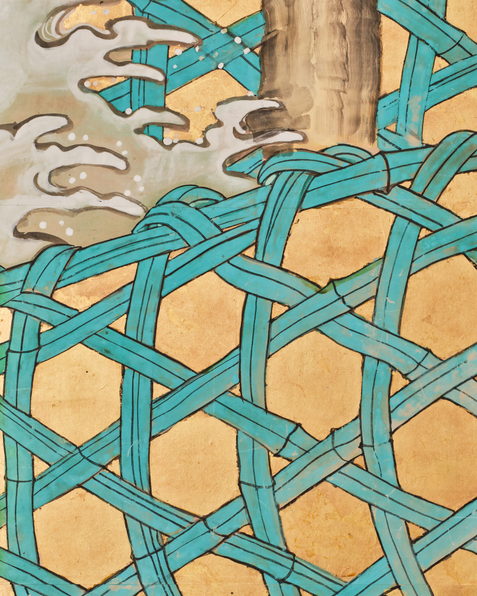 Japanese Six-Panel Screen: Vibrant Ocean Landscape with Fishing Nets