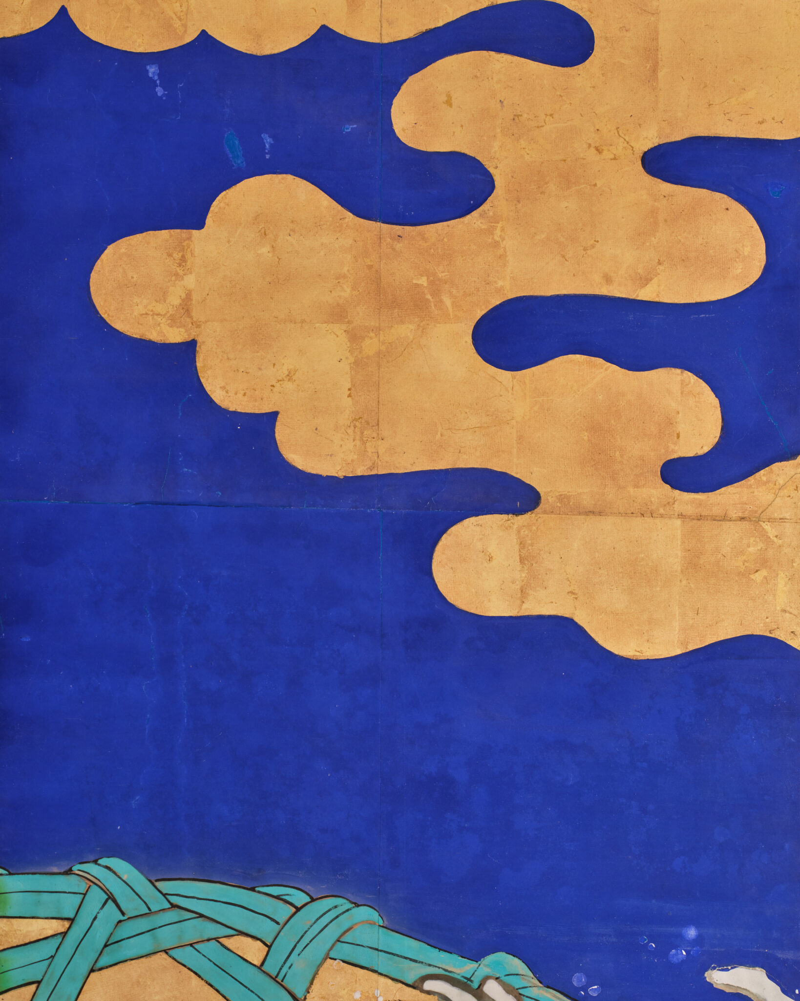 Japanese Six-Panel Screen: Vibrant Ocean Landscape with Fishing Nets