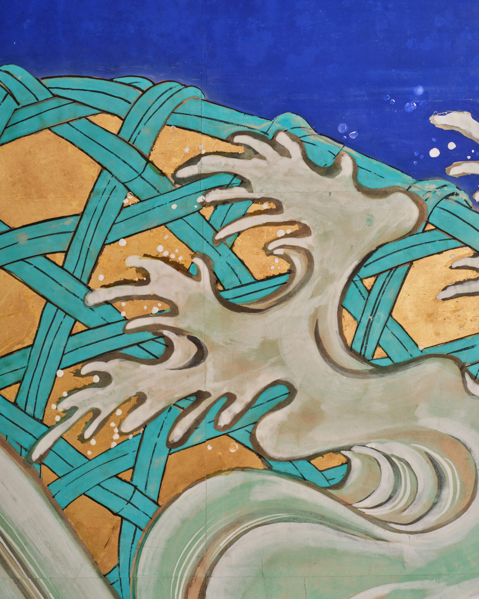 Japanese Six-Panel Screen: Vibrant Ocean Landscape with Fishing Nets