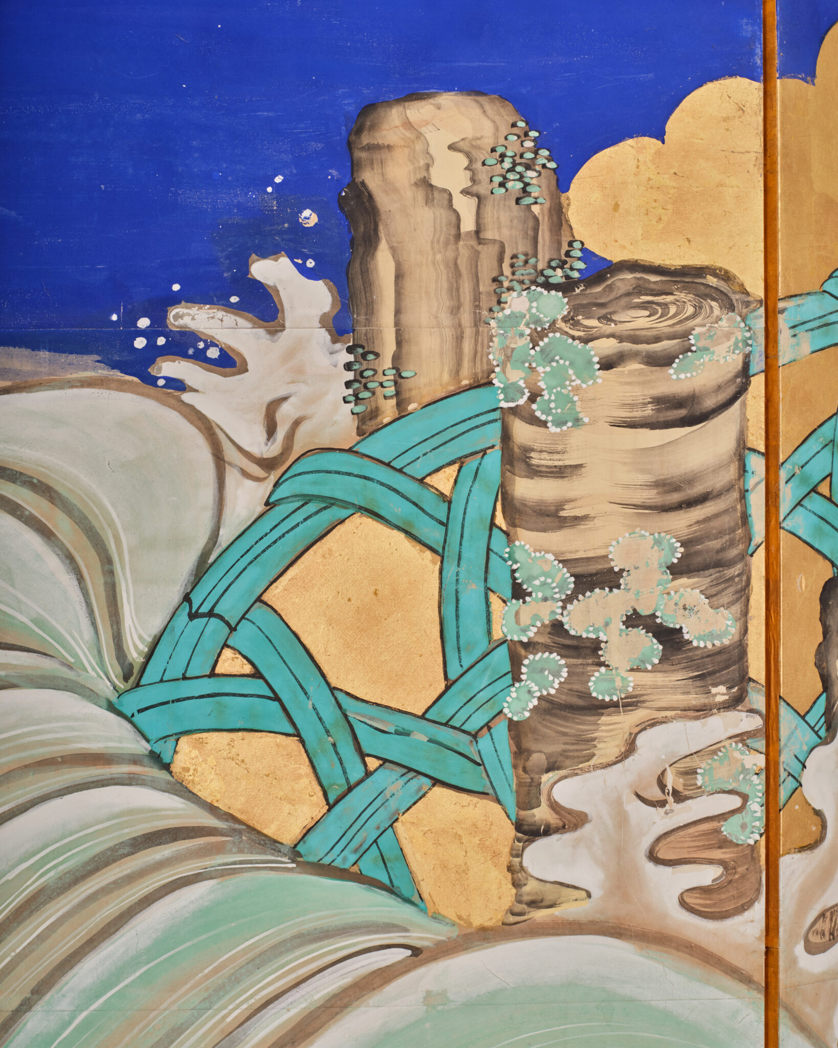 Japanese Six-Panel Screen: Vibrant Ocean Landscape with Fishing Nets