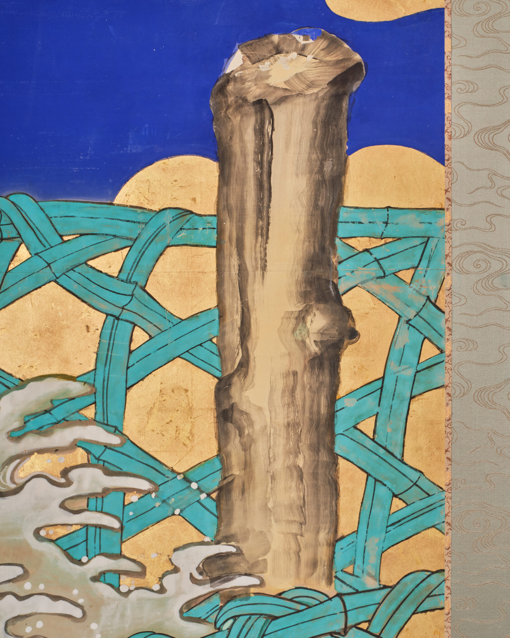 Japanese Six-Panel Screen: Vibrant Ocean Landscape with Fishing Nets