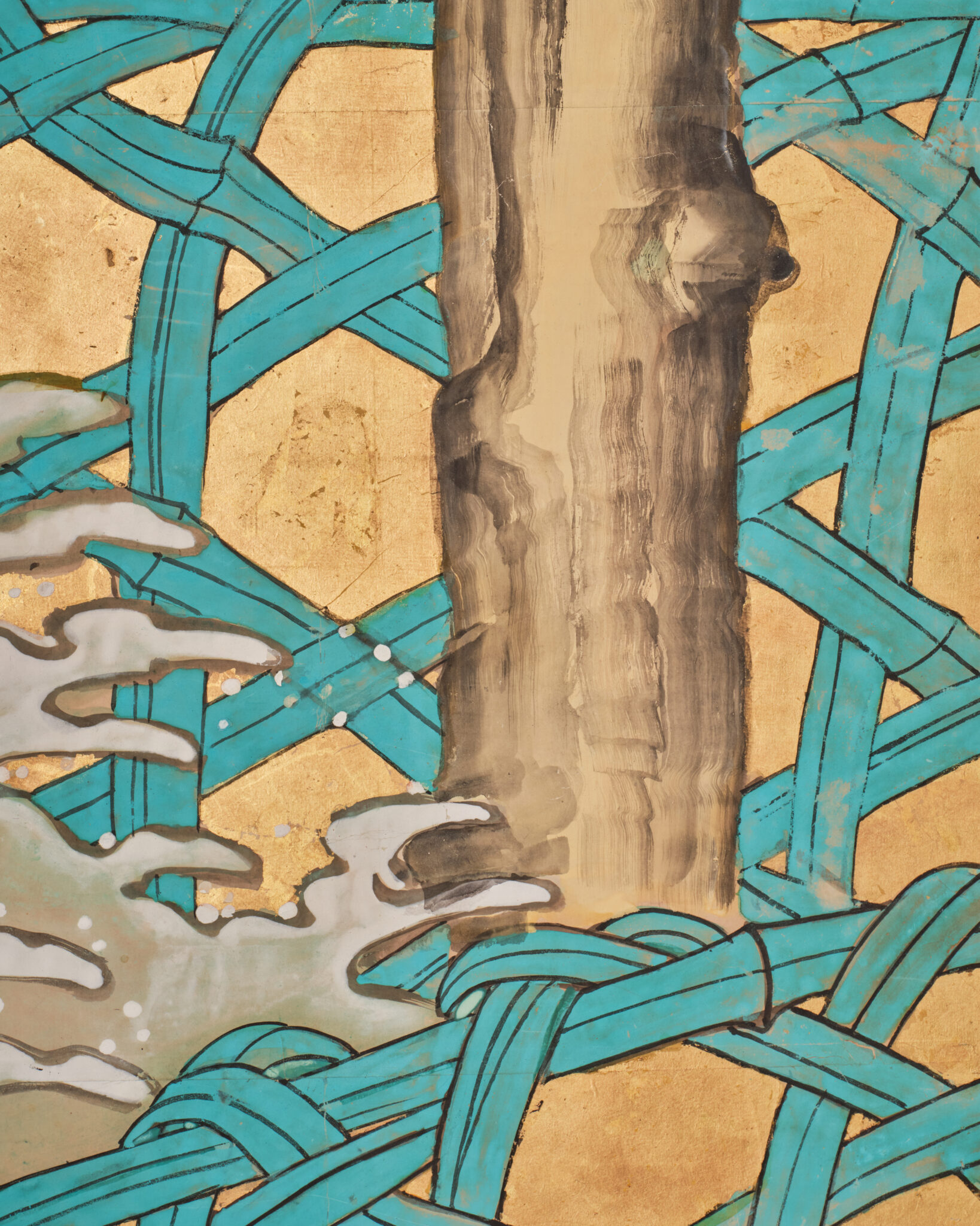 Japanese Six-Panel Screen: Vibrant Ocean Landscape with Fishing Nets