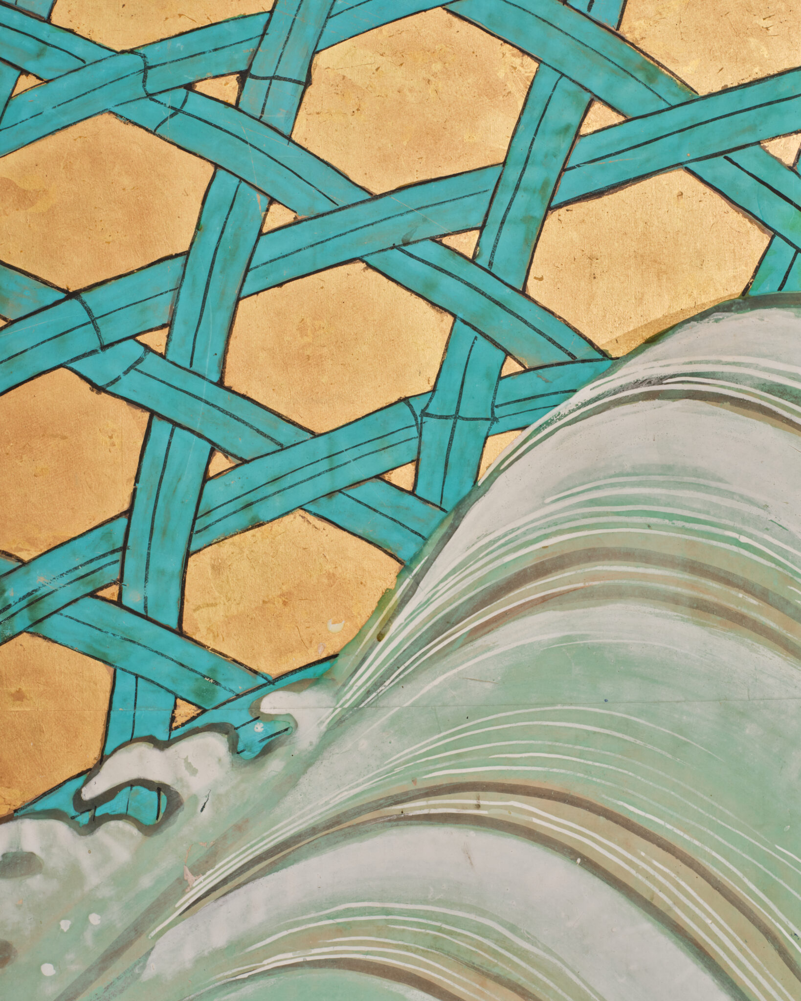 Japanese Six-Panel Screen: Vibrant Ocean Landscape with Fishing Nets