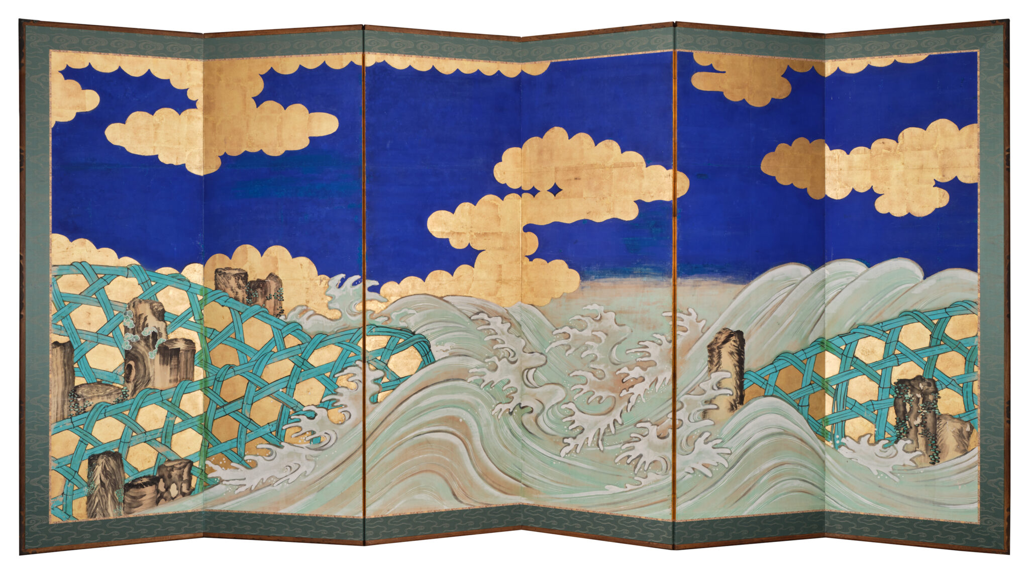 Japanese Six-Panel Screen: Vibrant Ocean Landscape with Fishing Nets