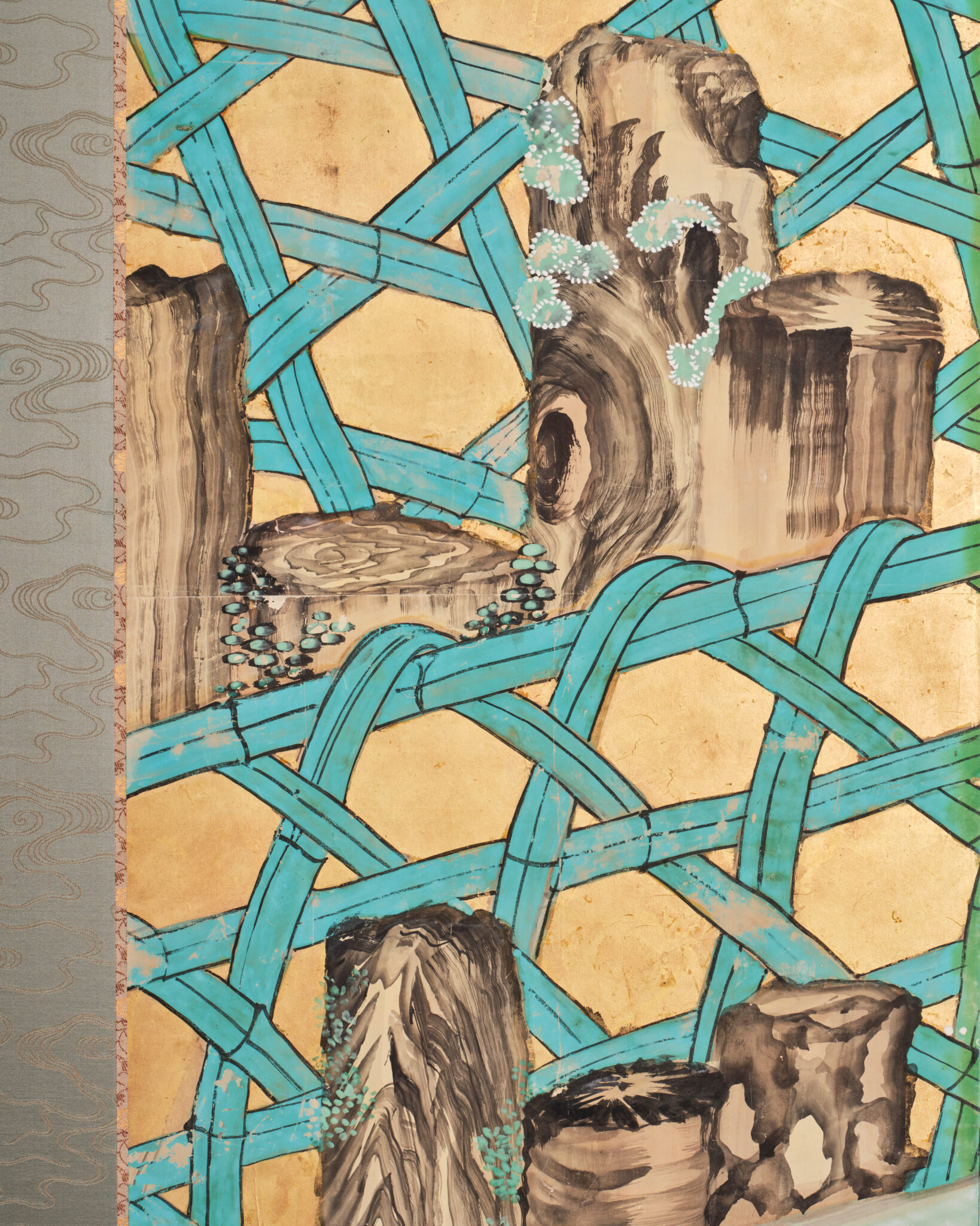 Japanese Six-Panel Screen: Vibrant Ocean Landscape with Fishing Nets