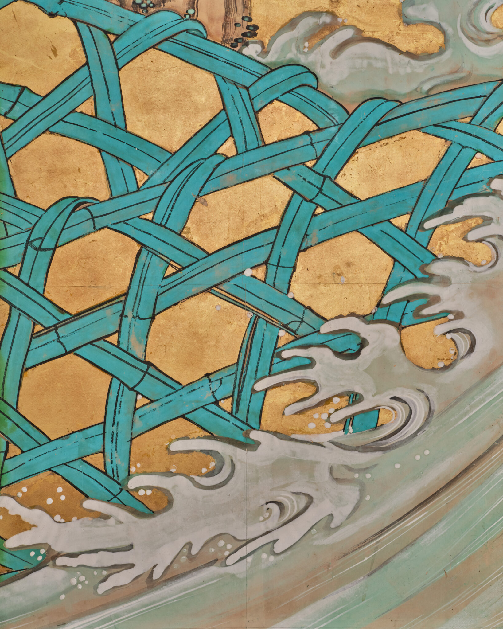 Japanese Six-Panel Screen: Vibrant Ocean Landscape with Fishing Nets