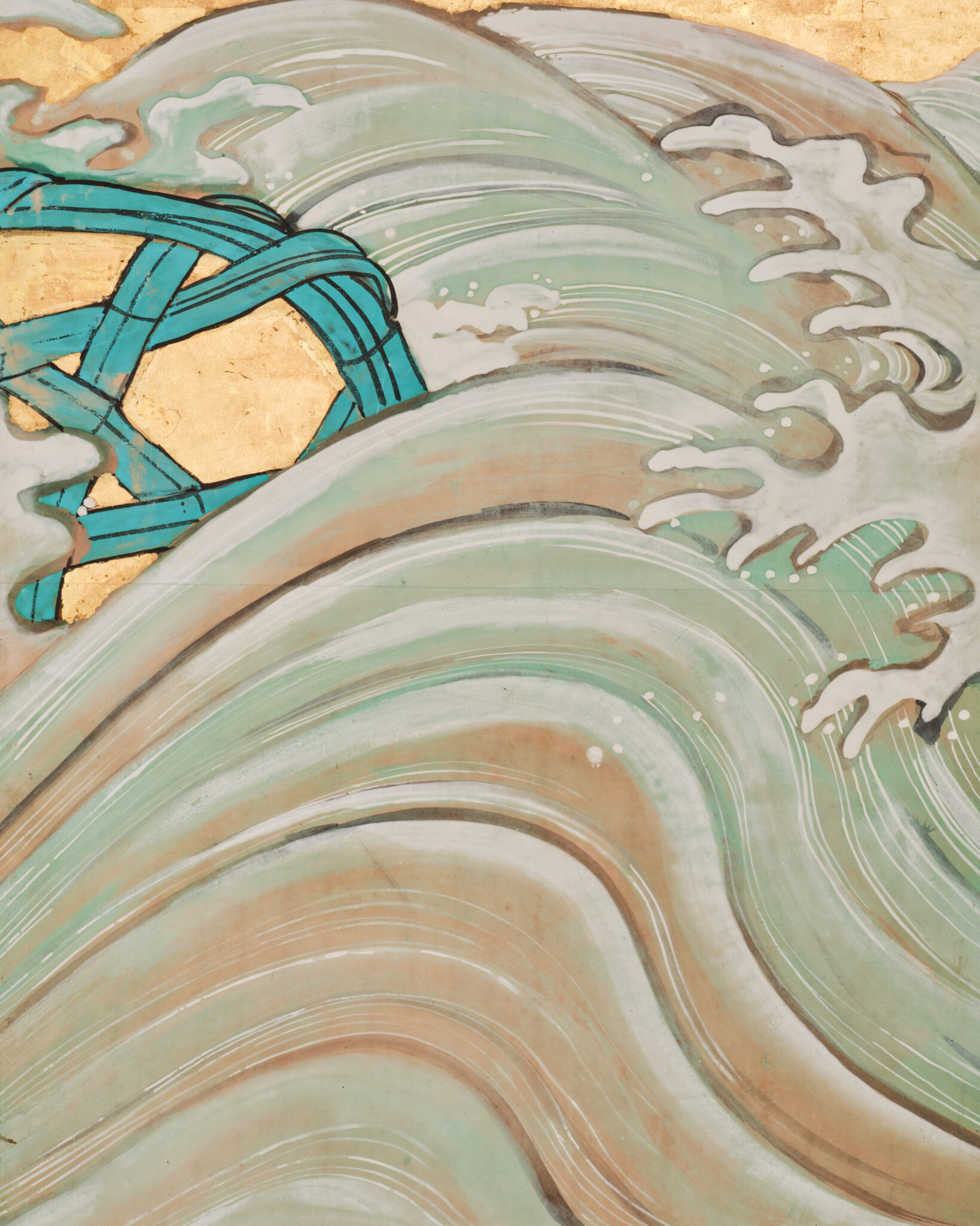 Japanese Six-Panel Screen: Vibrant Ocean Landscape with Fishing Nets