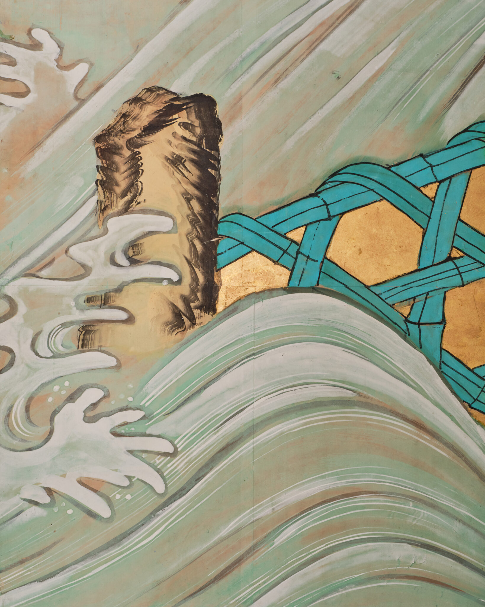 Japanese Six-Panel Screen: Vibrant Ocean Landscape with Fishing Nets