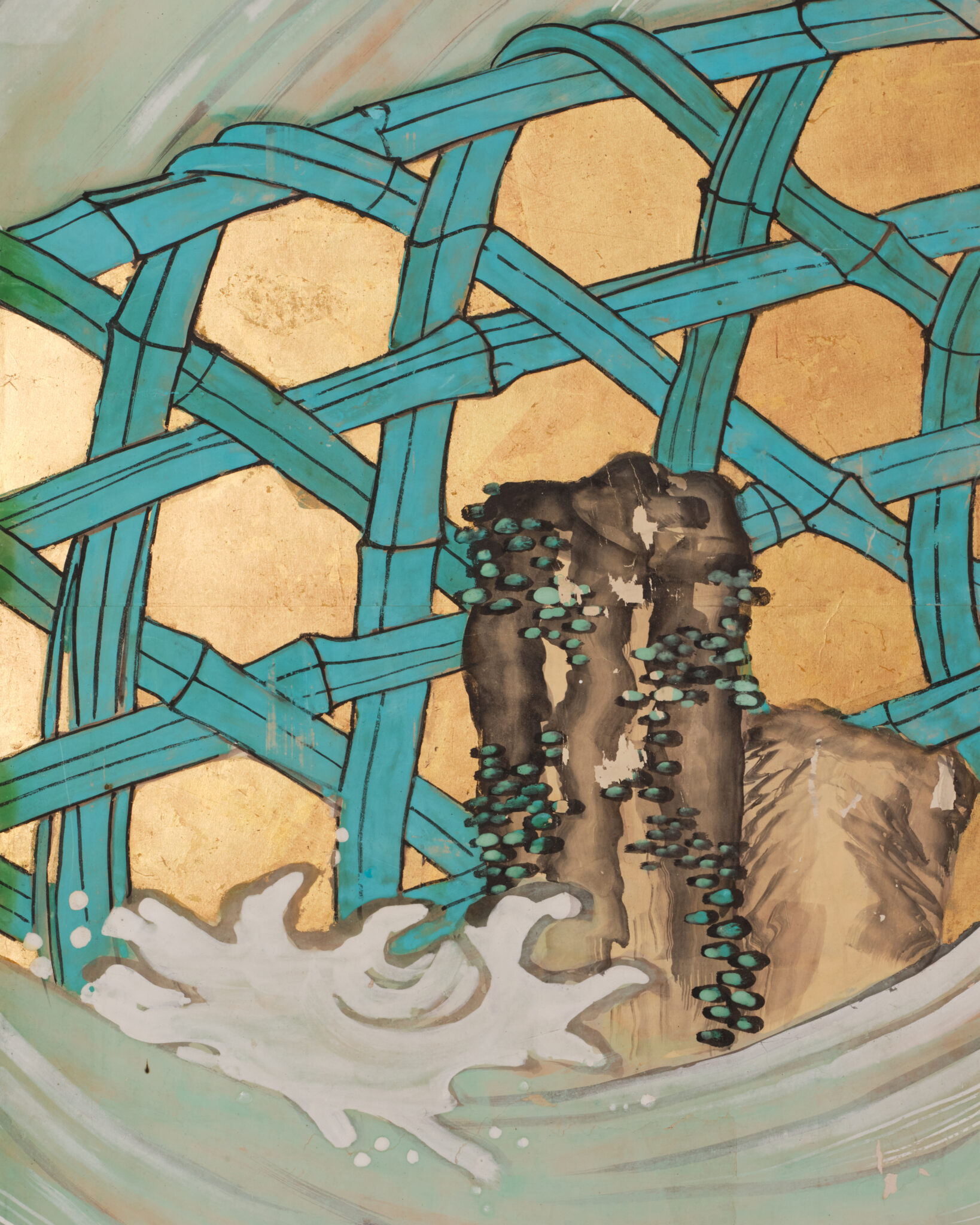 Japanese Six-Panel Screen: Vibrant Ocean Landscape with Fishing Nets