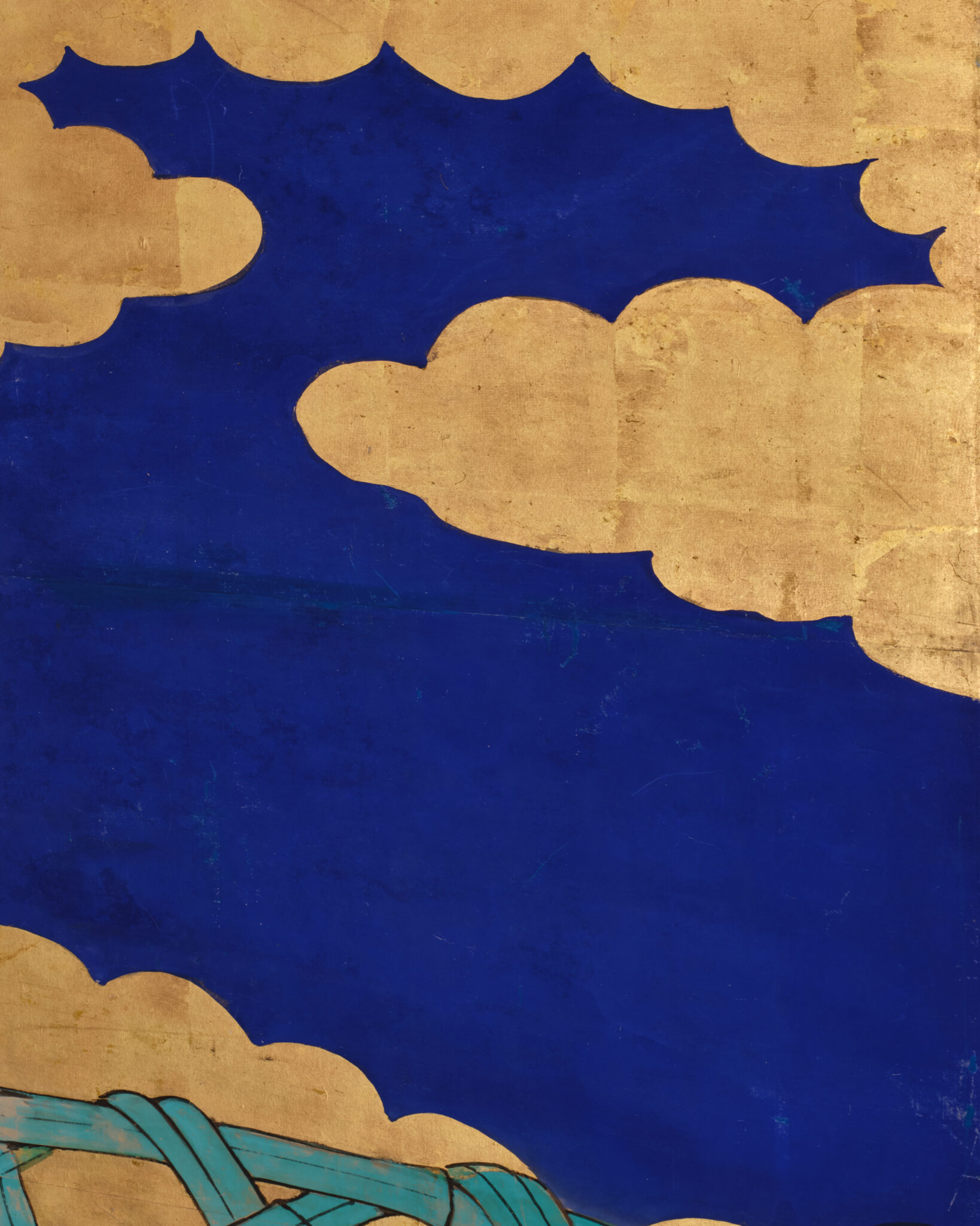 Japanese Six-Panel Screen: Vibrant Ocean Landscape with Fishing Nets