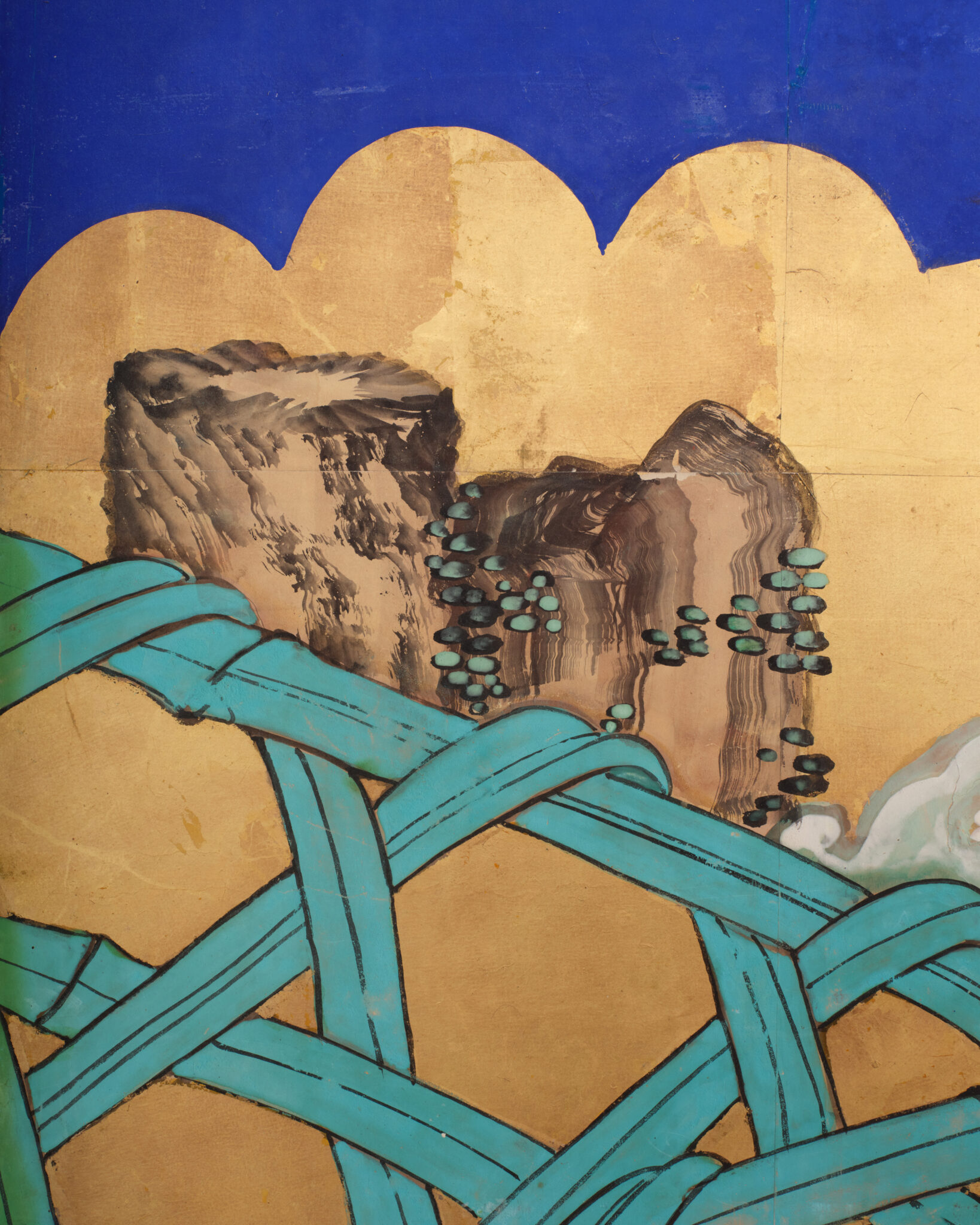 Japanese Six-Panel Screen: Vibrant Ocean Landscape with Fishing Nets