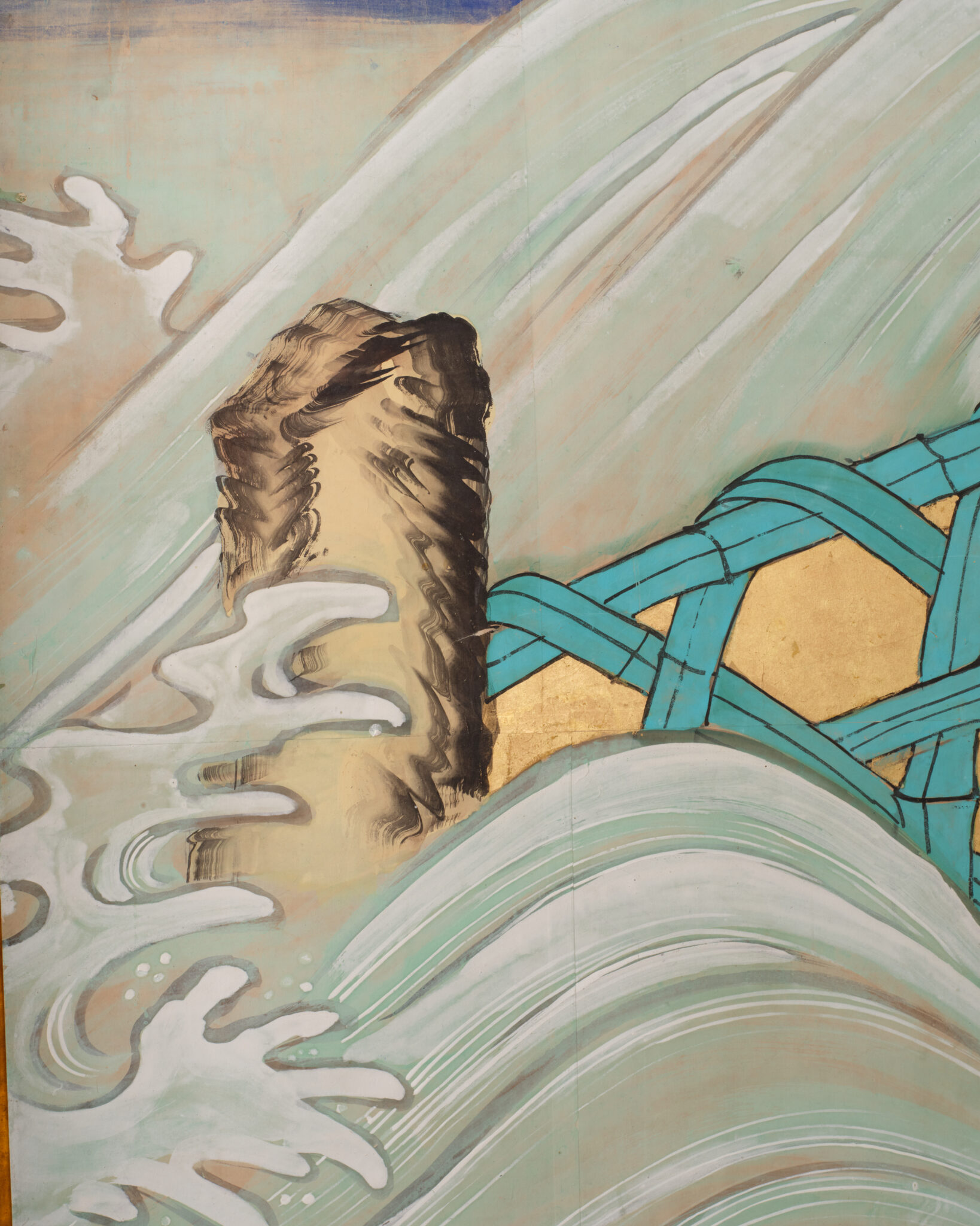 Japanese Six-Panel Screen: Vibrant Ocean Landscape with Fishing Nets