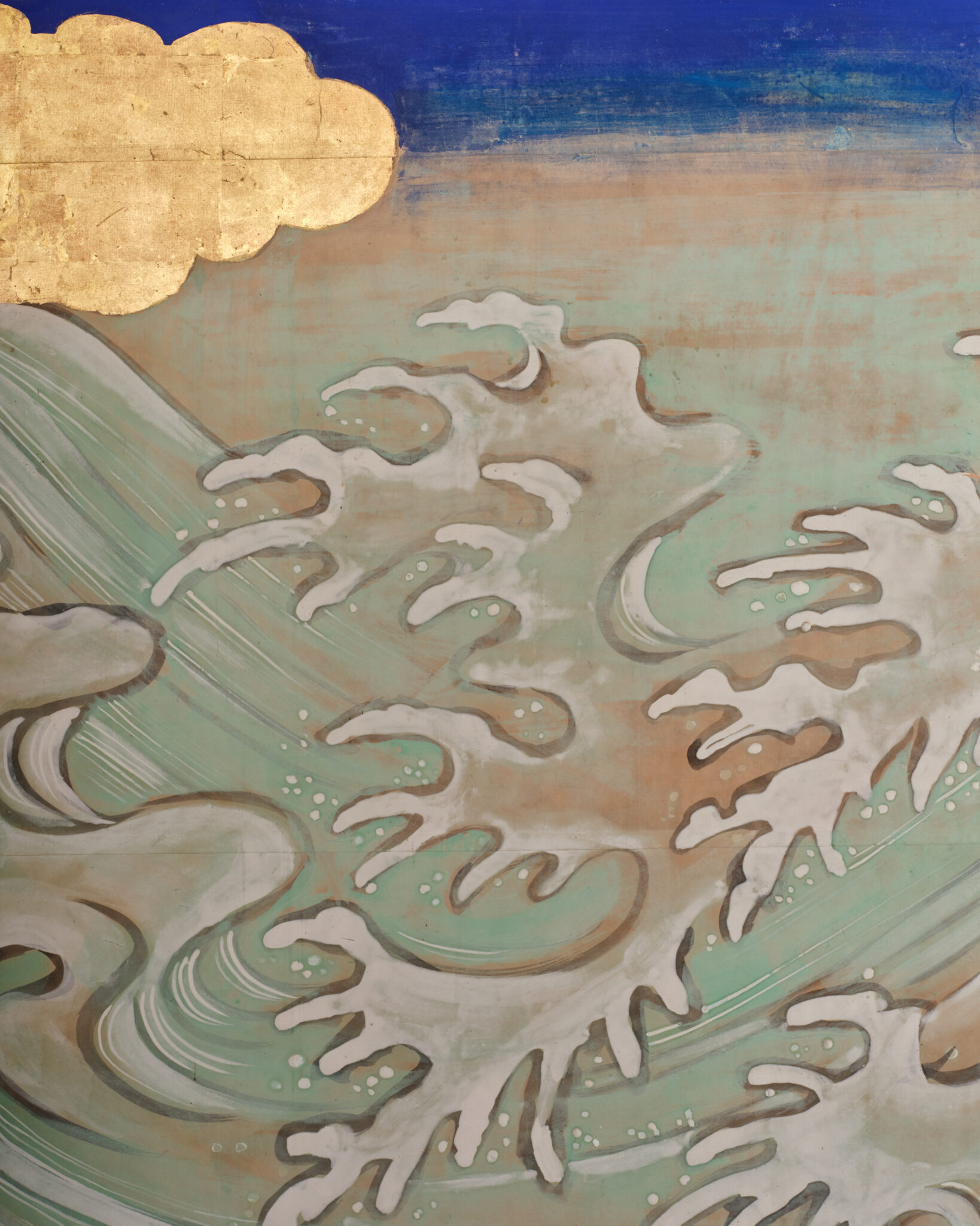 Japanese Six-Panel Screen: Vibrant Ocean Landscape with Fishing Nets