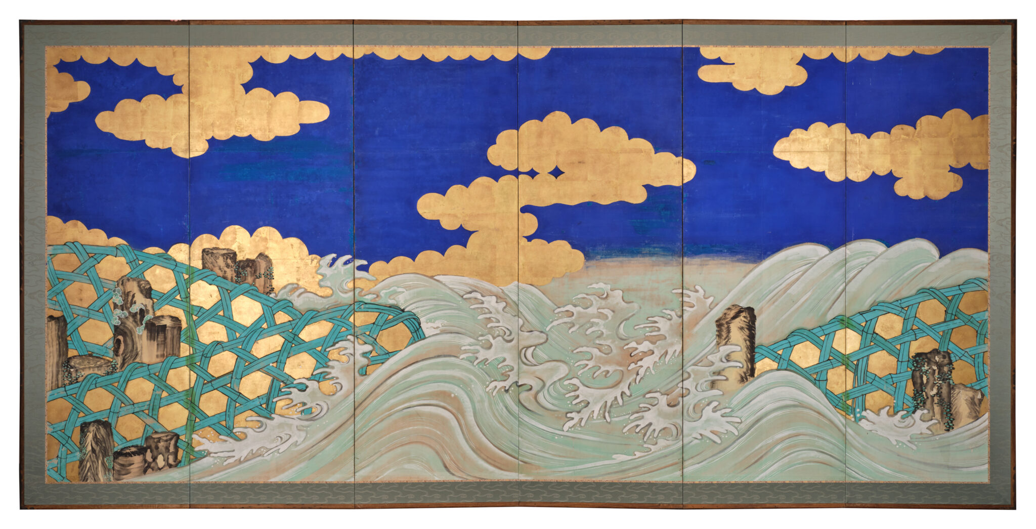 Japanese Six-Panel Screen: Vibrant Ocean Landscape with Fishing Nets