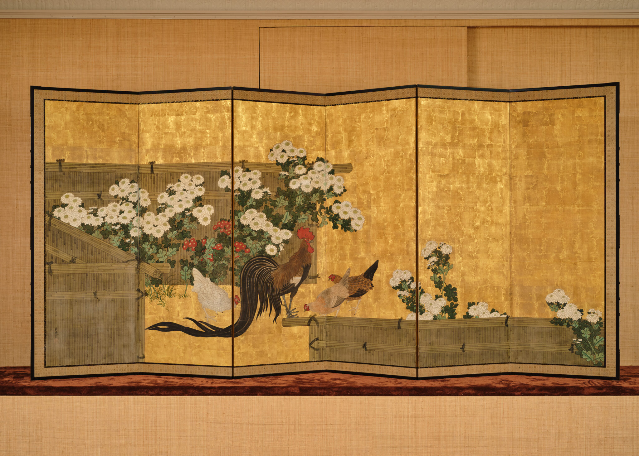 Japanese Six Panel Screen: Rooster and Hens in a Chrysanthemum Garden