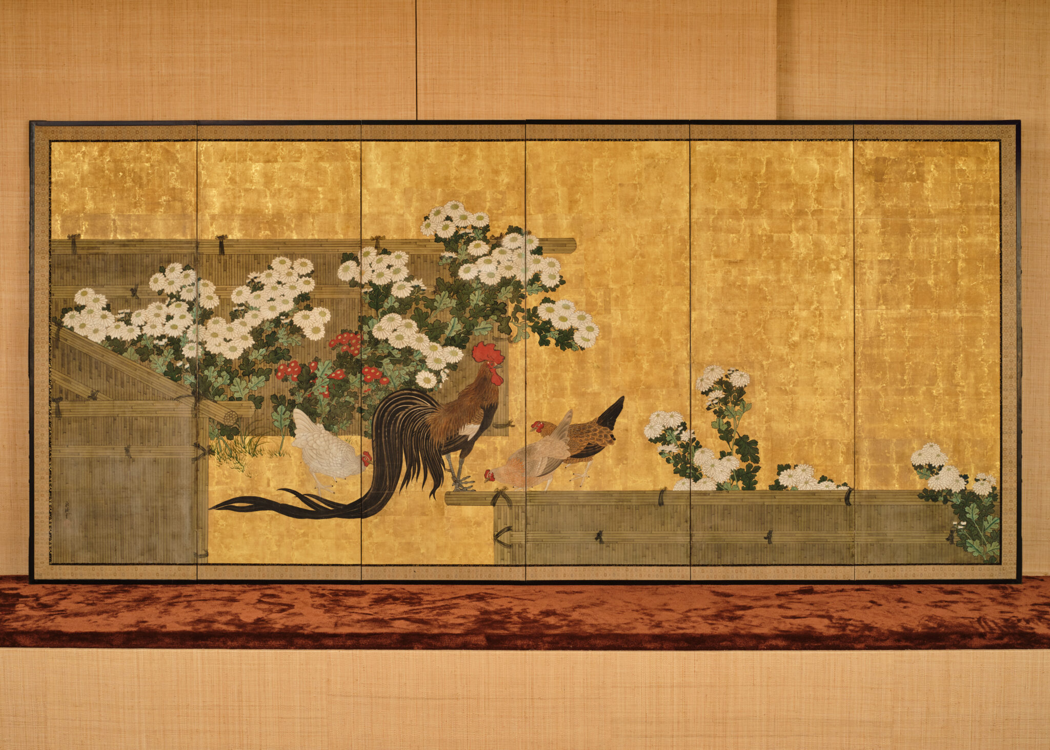 Japanese Six Panel Screen: Rooster and Hens in a Chrysanthemum Garden