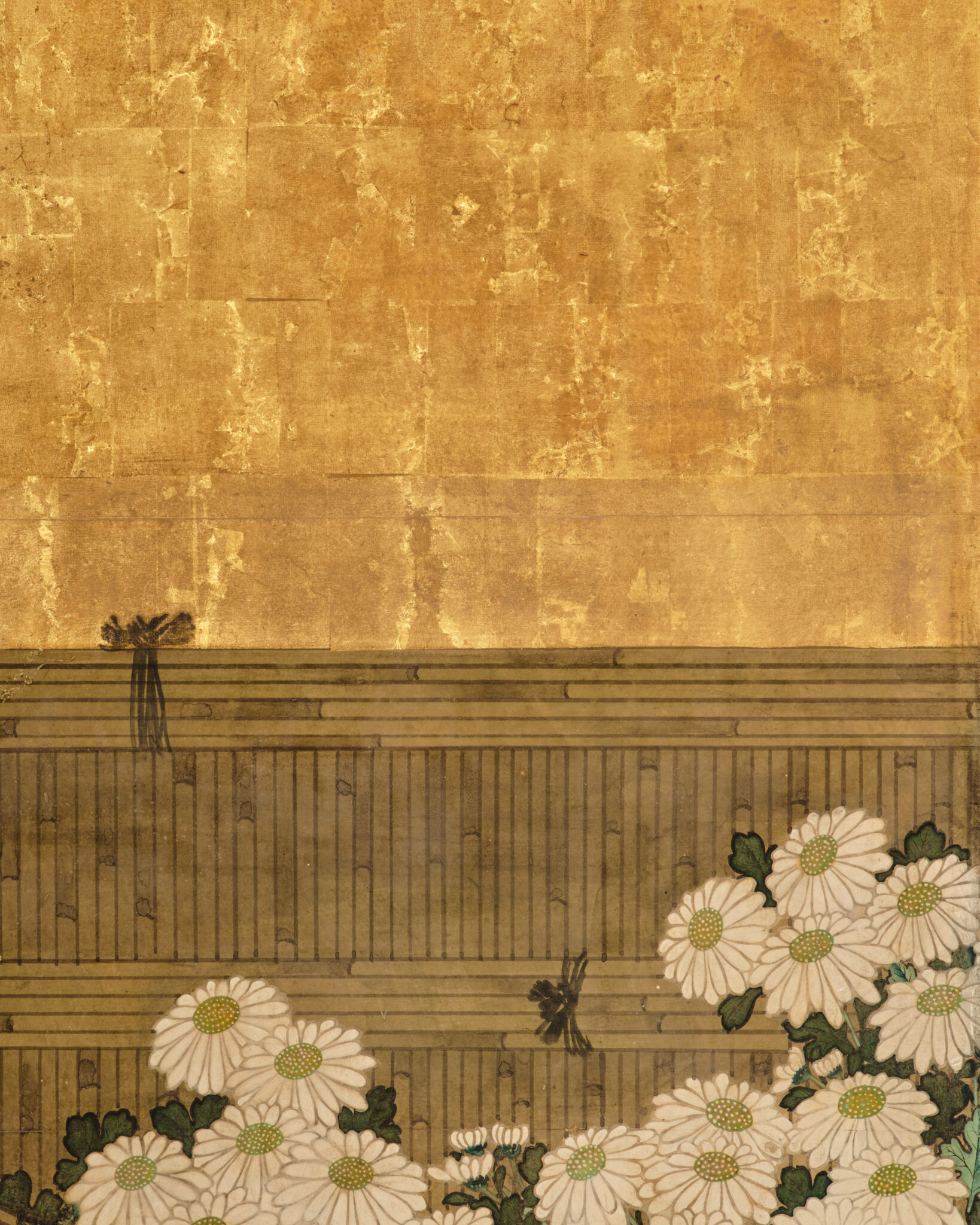 Japanese Six Panel Screen: Rooster and Hens in a Chrysanthemum Garden