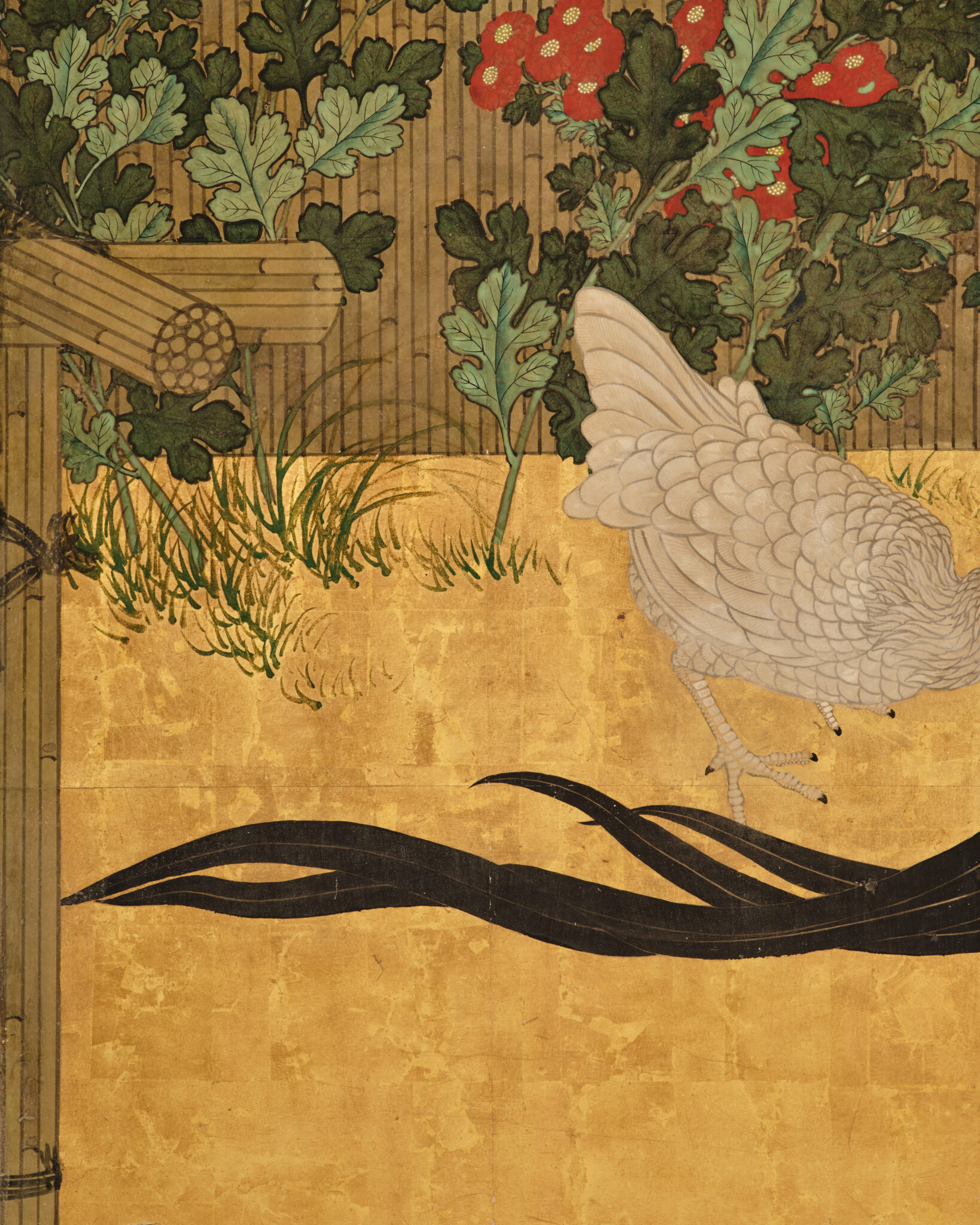 Japanese Six Panel Screen: Rooster and Hens in a Chrysanthemum Garden