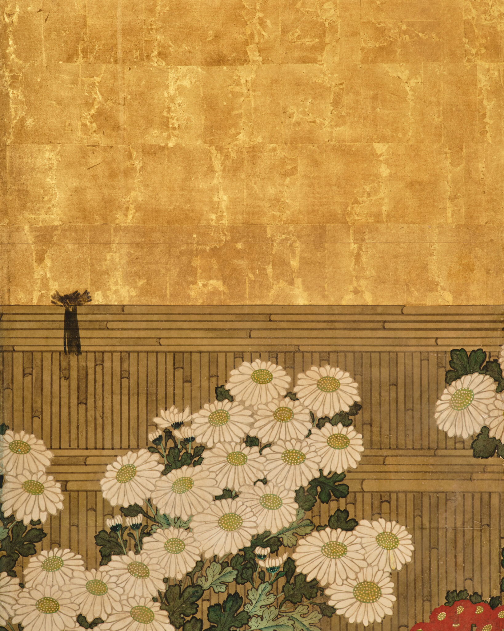 Japanese Six Panel Screen: Rooster and Hens in a Chrysanthemum Garden