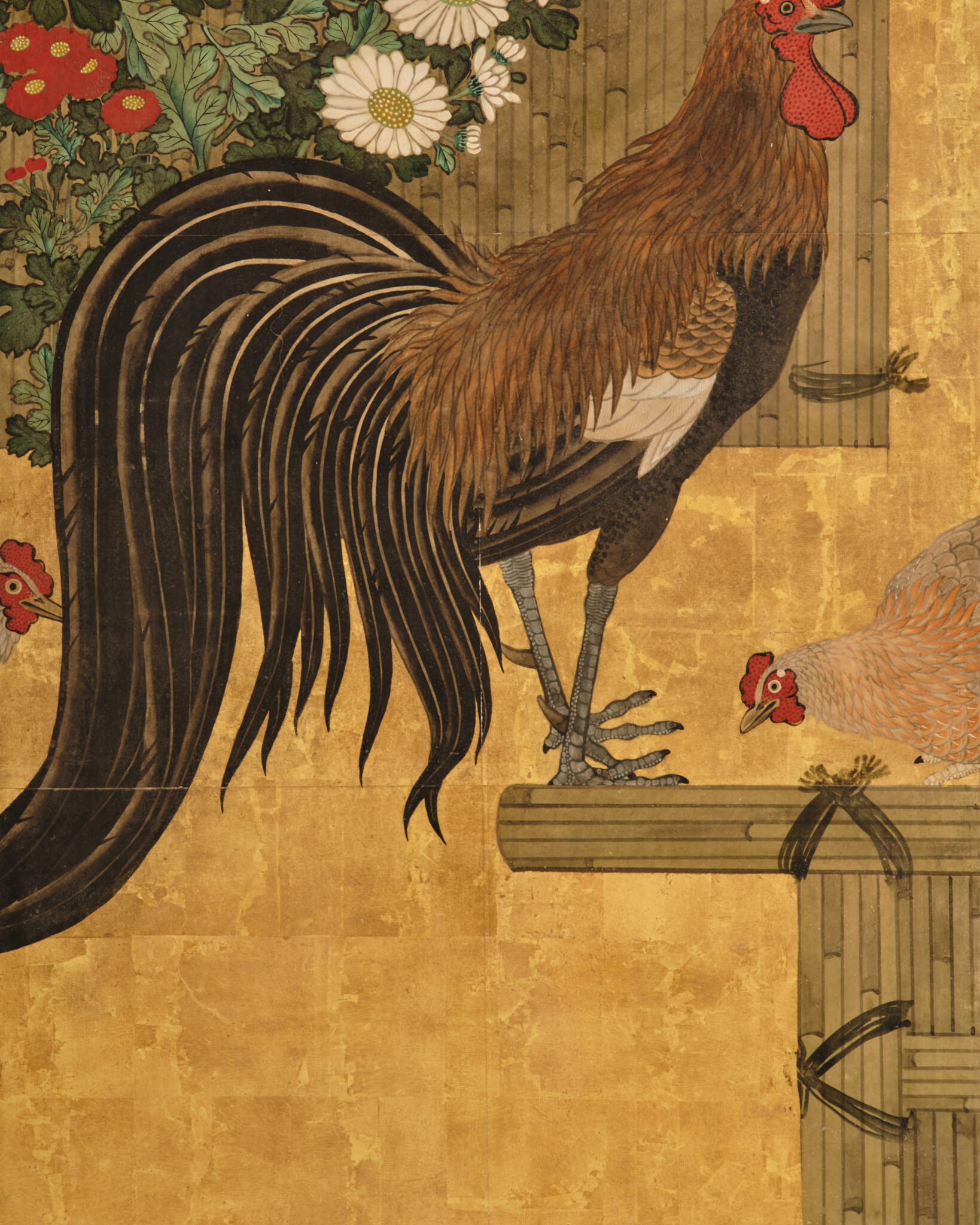 Japanese Six Panel Screen: Rooster and Hens in a Chrysanthemum Garden