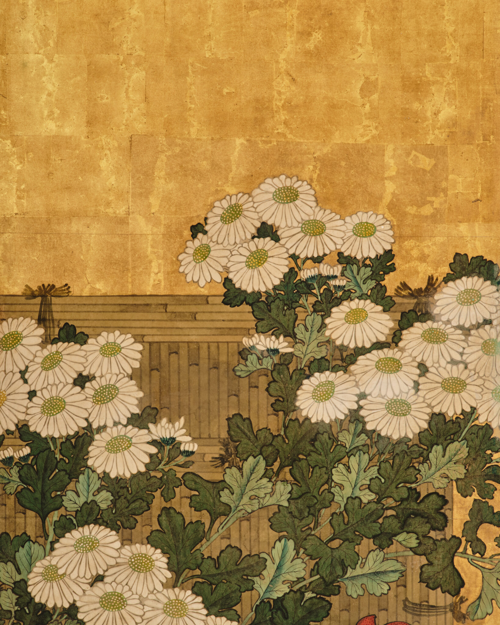 Japanese Six Panel Screen: Rooster and Hens in a Chrysanthemum Garden