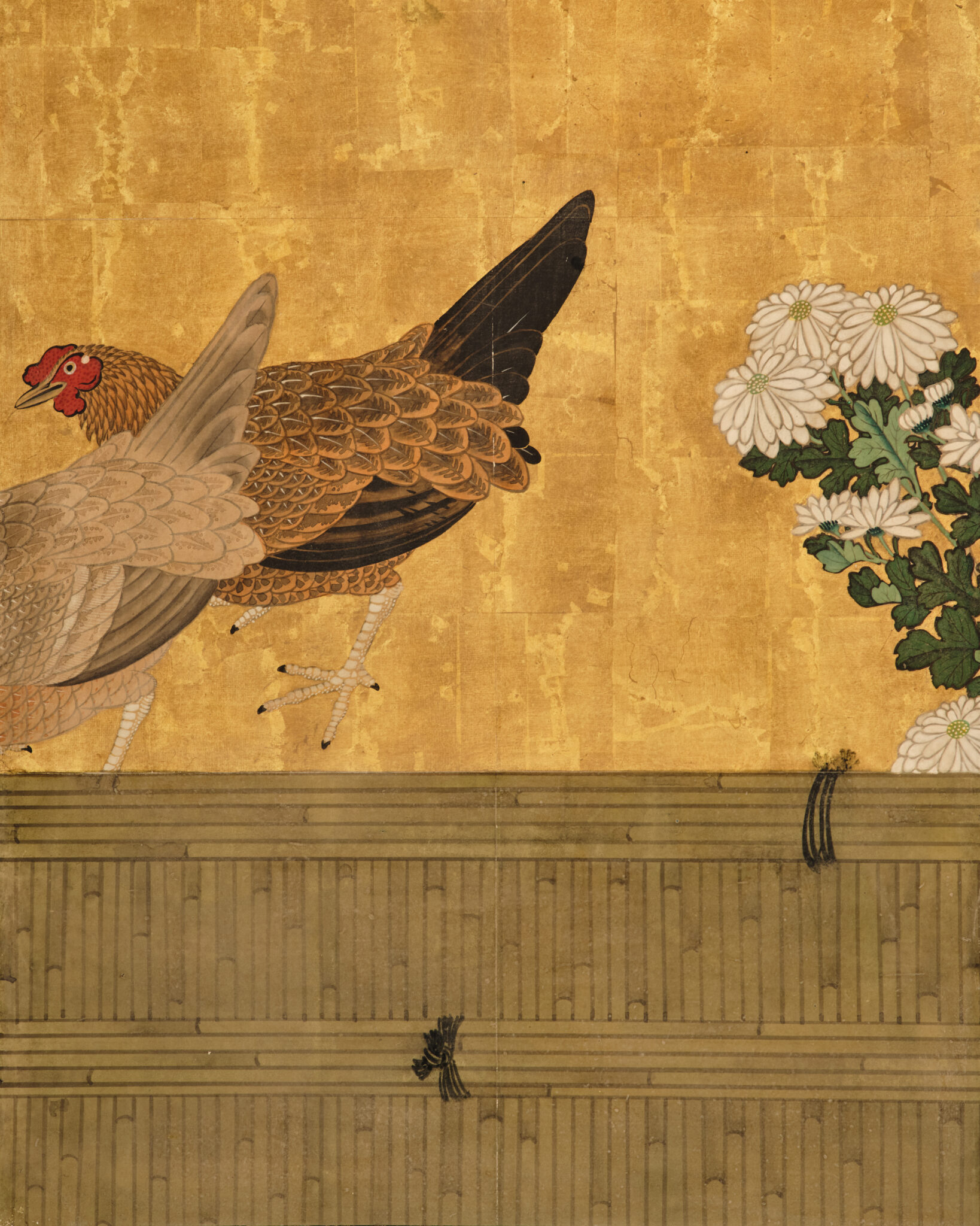 Japanese Six Panel Screen: Rooster and Hens in a Chrysanthemum Garden