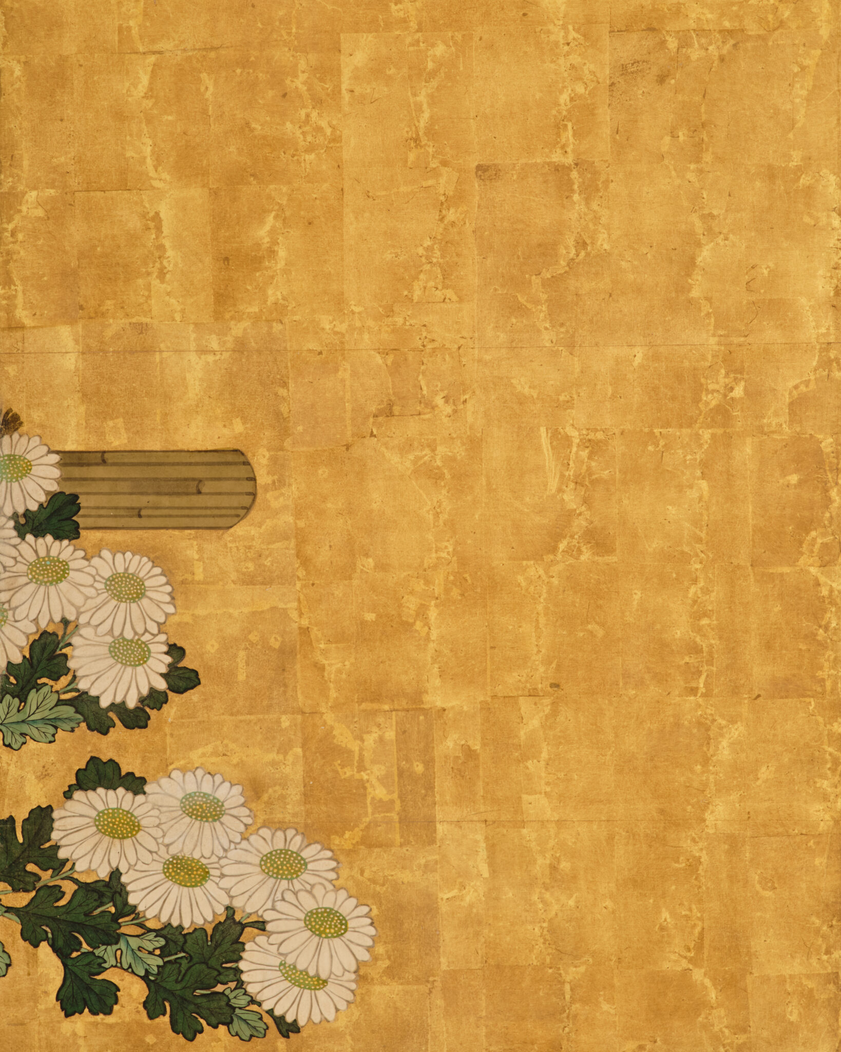 Japanese Six Panel Screen: Rooster and Hens in a Chrysanthemum Garden
