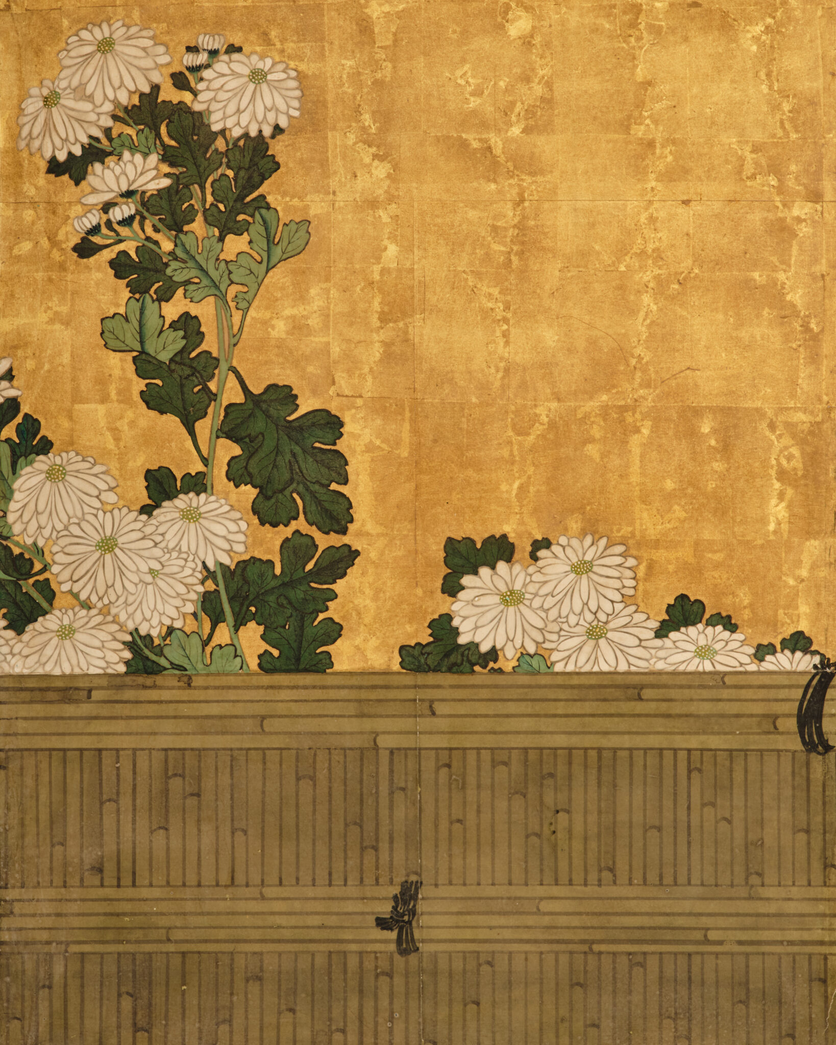 Japanese Six Panel Screen: Rooster and Hens in a Chrysanthemum Garden