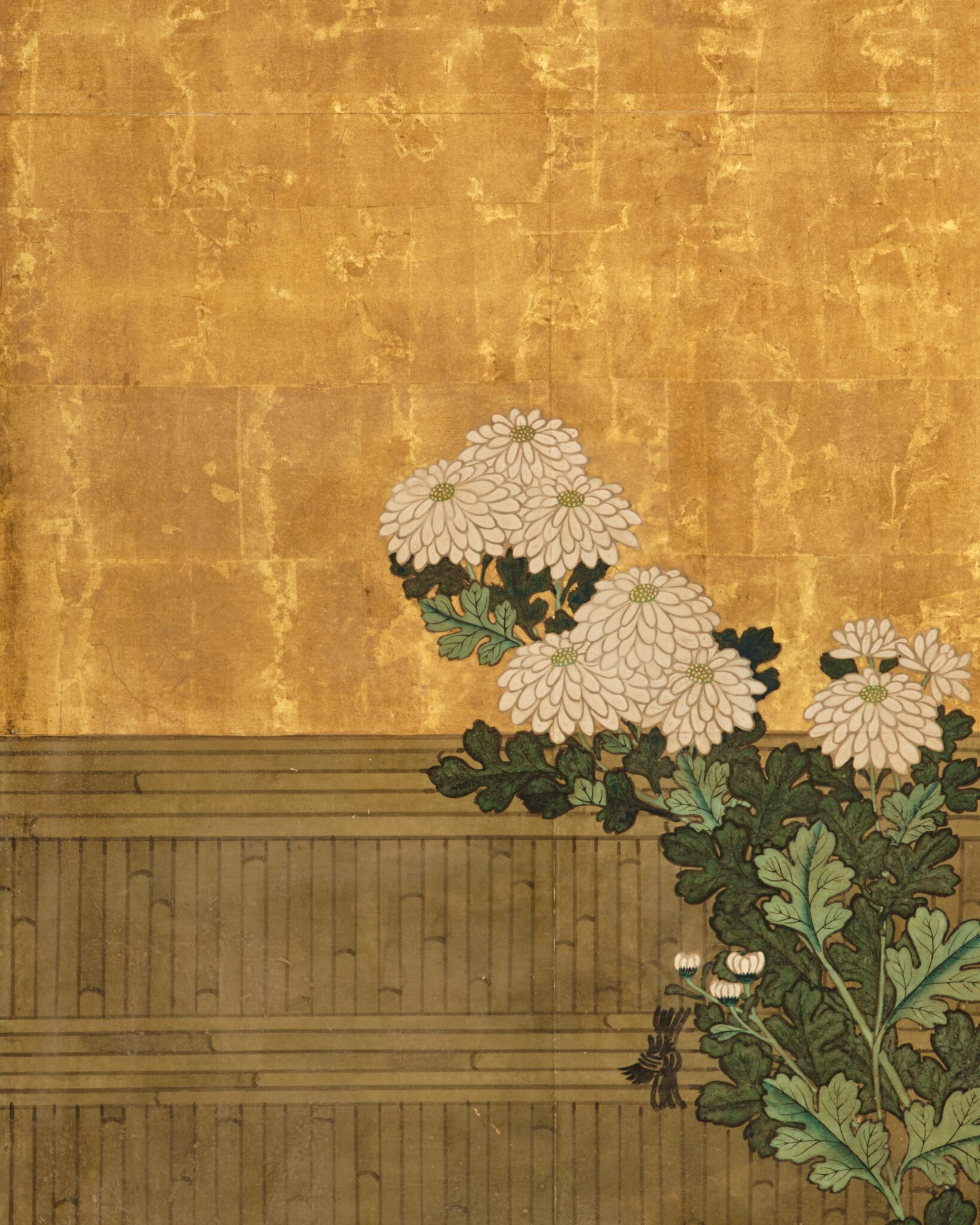 Japanese Six Panel Screen: Rooster and Hens in a Chrysanthemum Garden