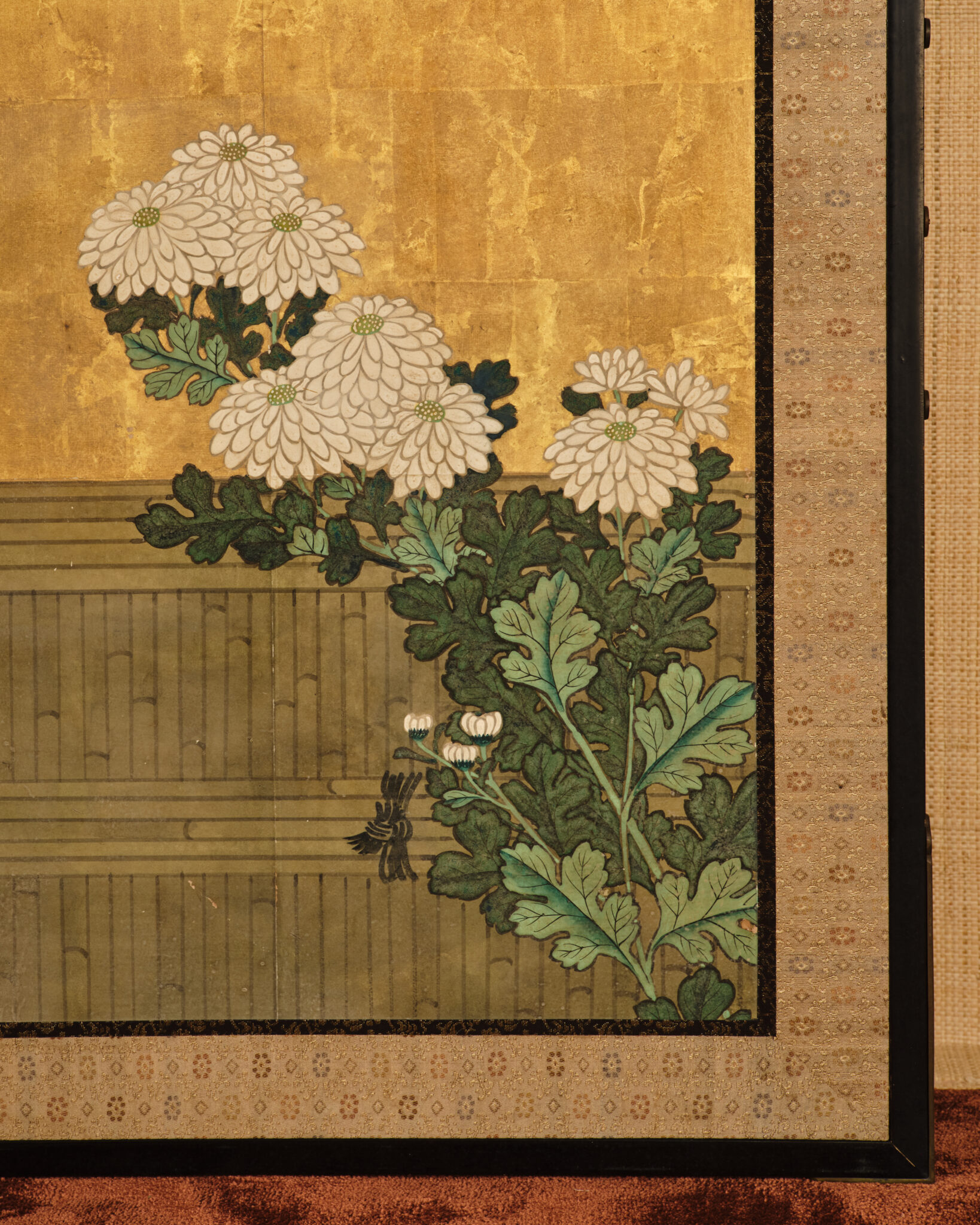Japanese Six Panel Screen: Rooster and Hens in a Chrysanthemum Garden