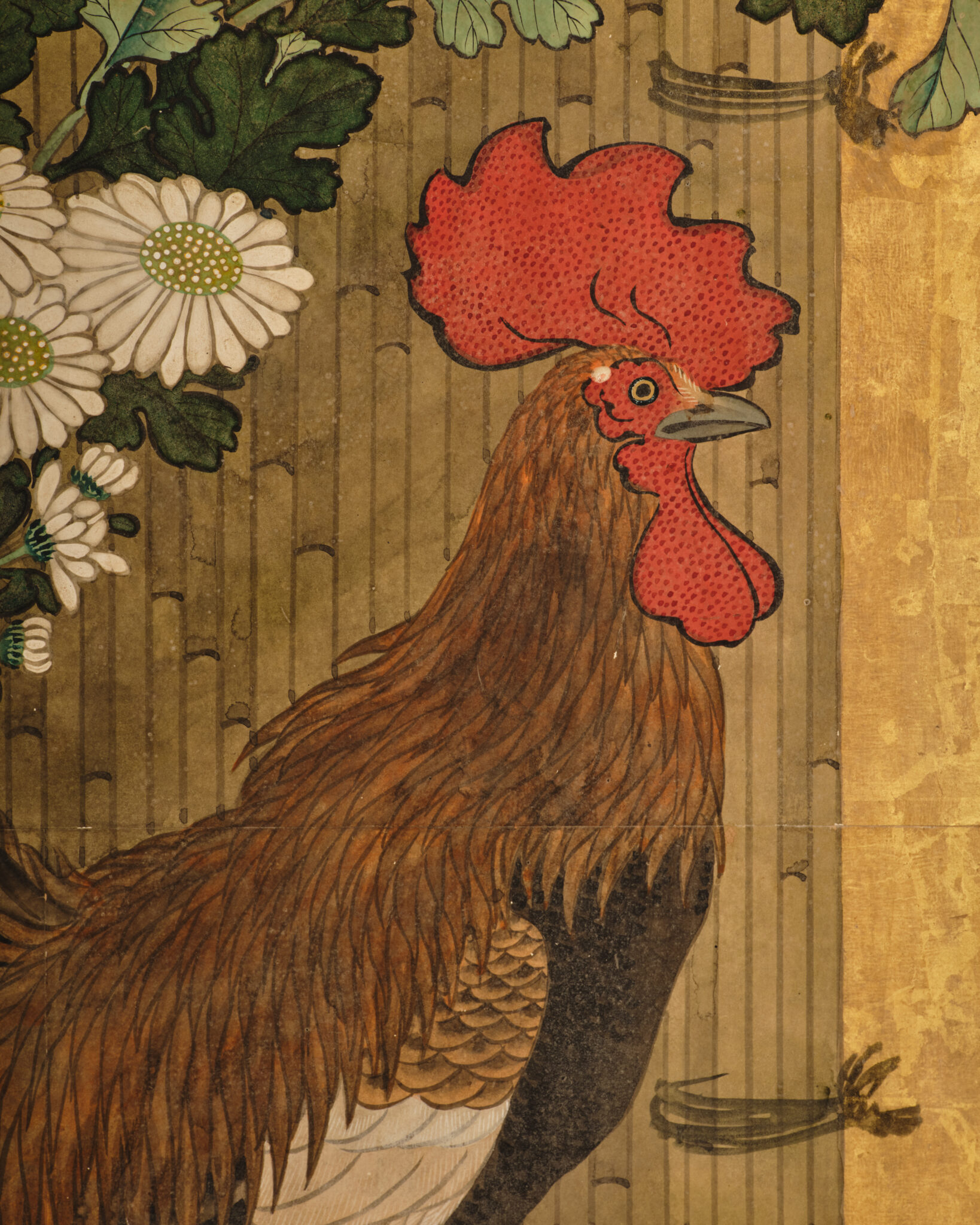 Japanese Six Panel Screen: Rooster and Hens in a Chrysanthemum Garden