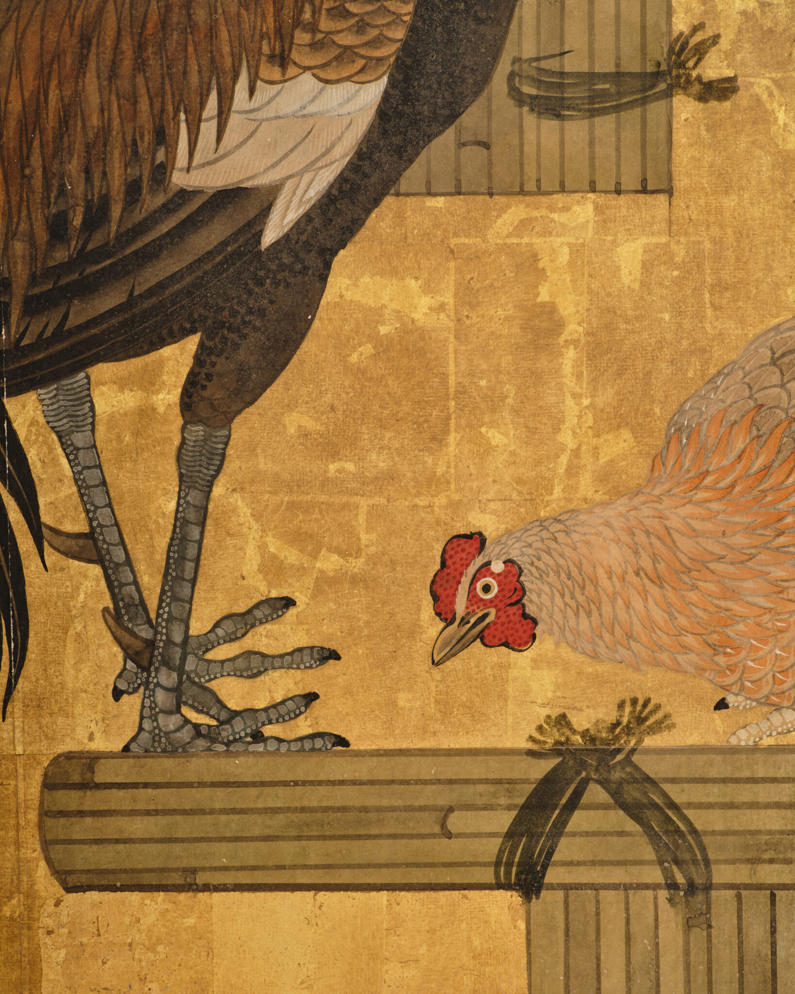 Japanese Six Panel Screen: Rooster and Hens in a Chrysanthemum Garden