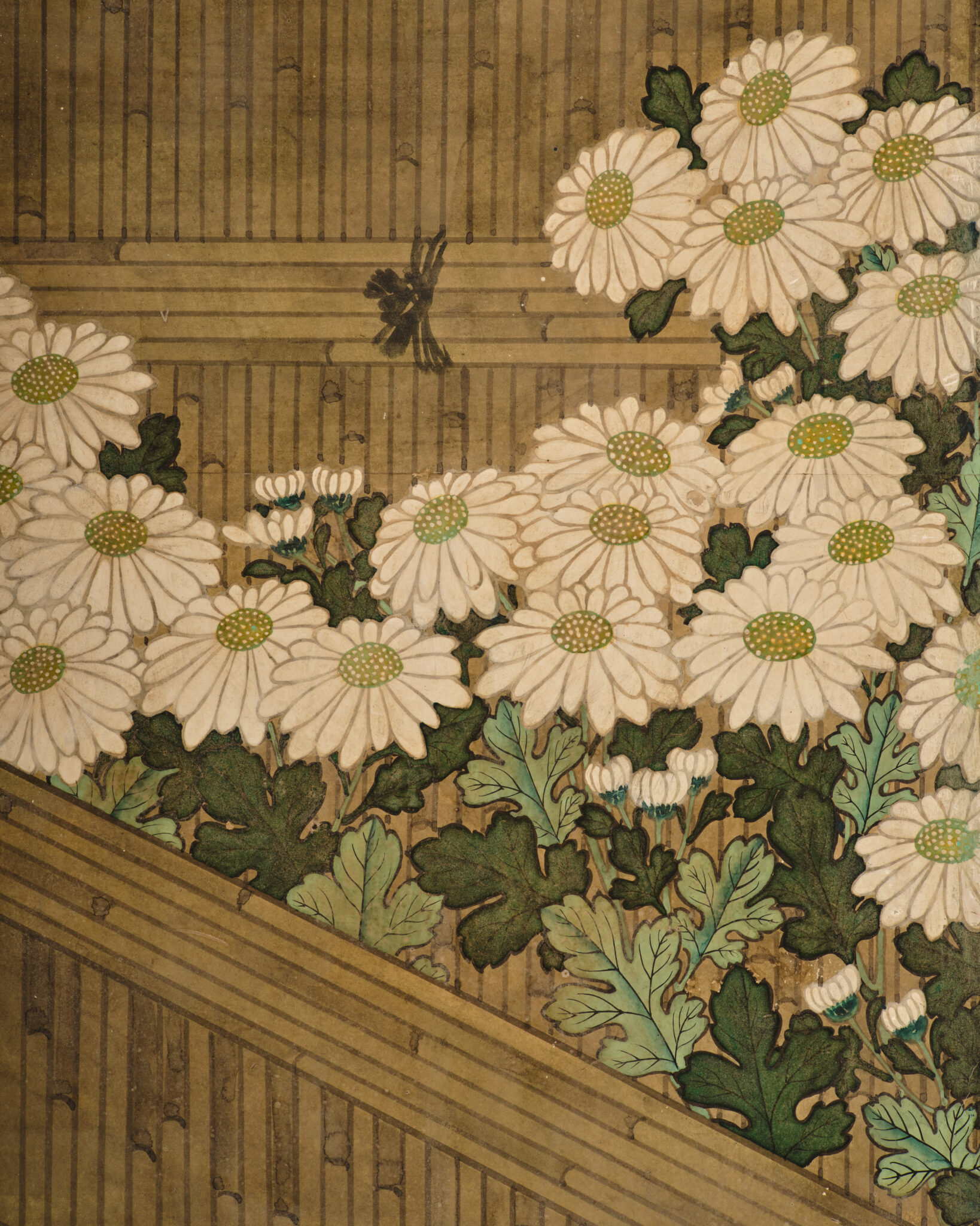 Japanese Six Panel Screen: Rooster and Hens in a Chrysanthemum Garden