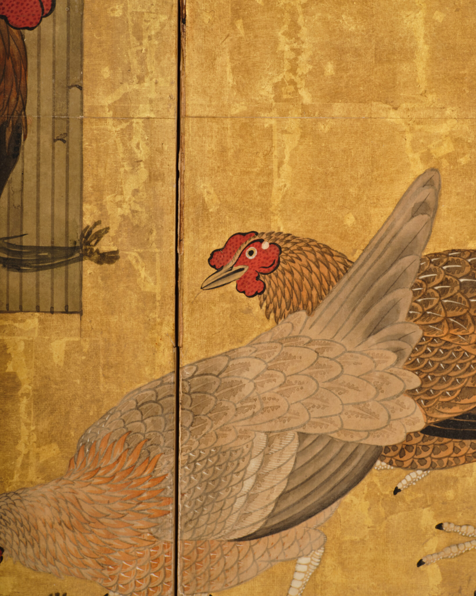 Japanese Six Panel Screen: Rooster and Hens in a Chrysanthemum Garden