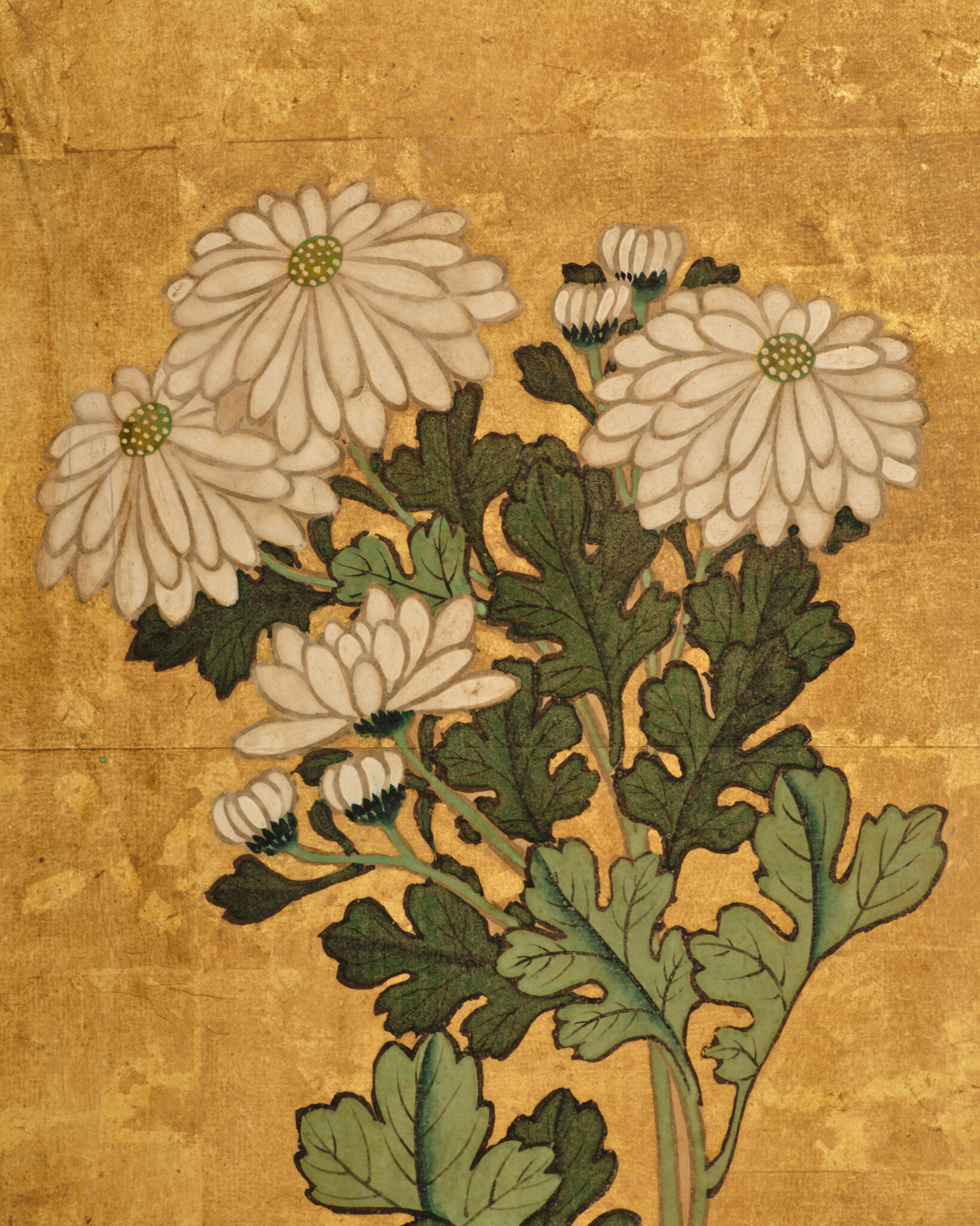 Japanese Six Panel Screen: Rooster and Hens in a Chrysanthemum Garden