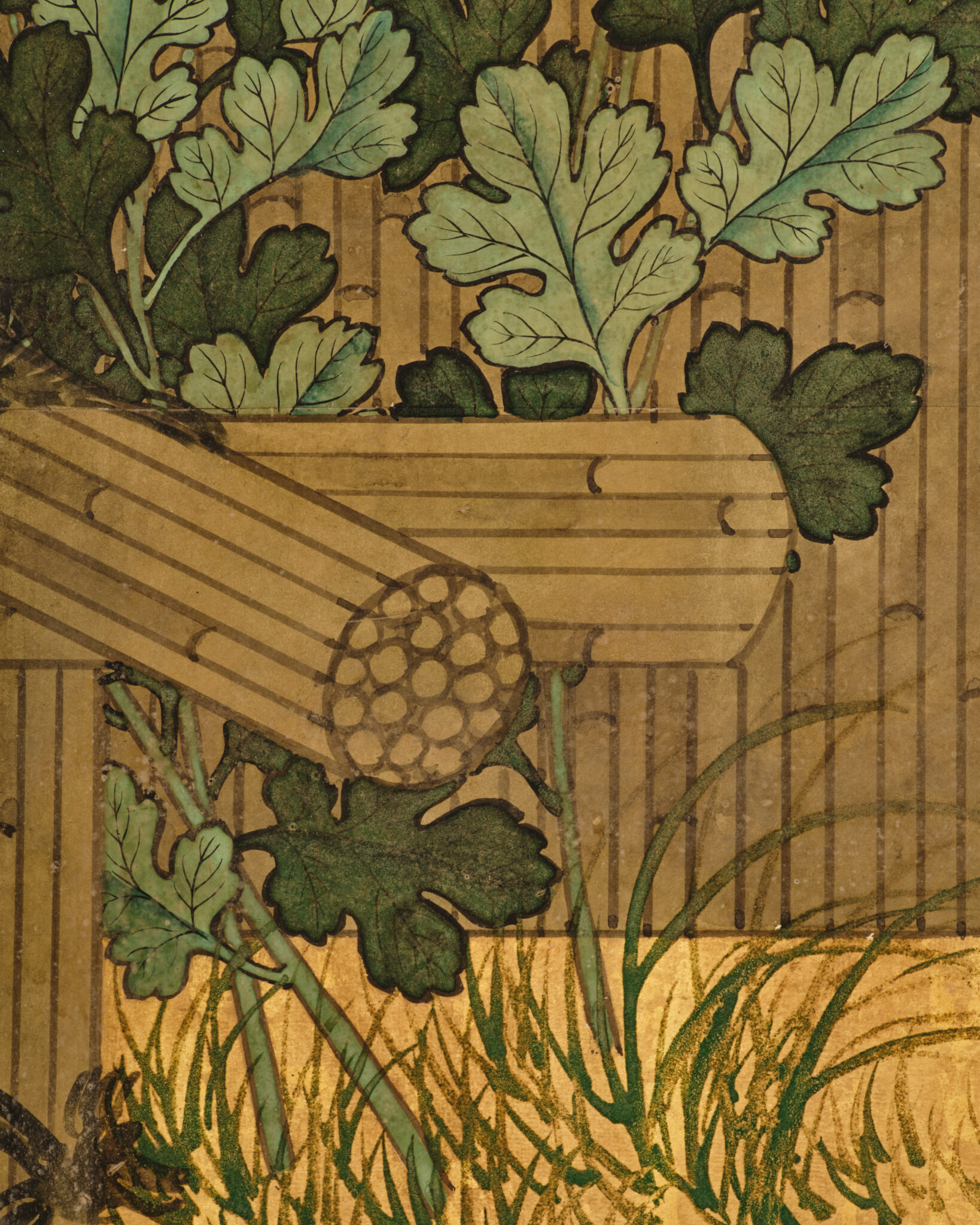 Japanese Six Panel Screen: Rooster and Hens in a Chrysanthemum Garden