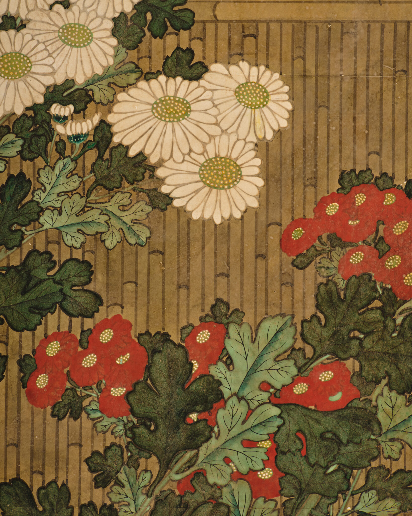 Japanese Six Panel Screen: Rooster and Hens in a Chrysanthemum Garden