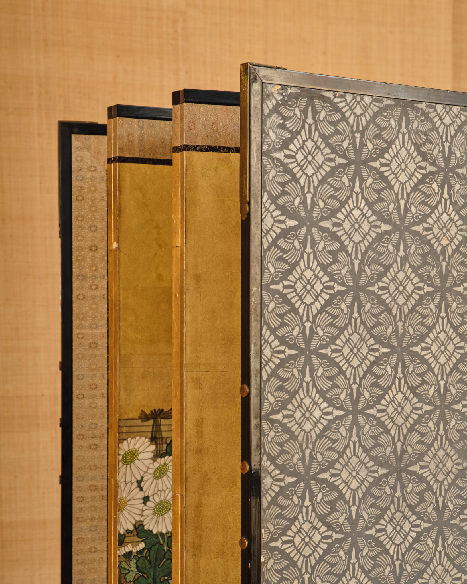 Japanese Six Panel Screen: Rooster and Hens in a Chrysanthemum Garden