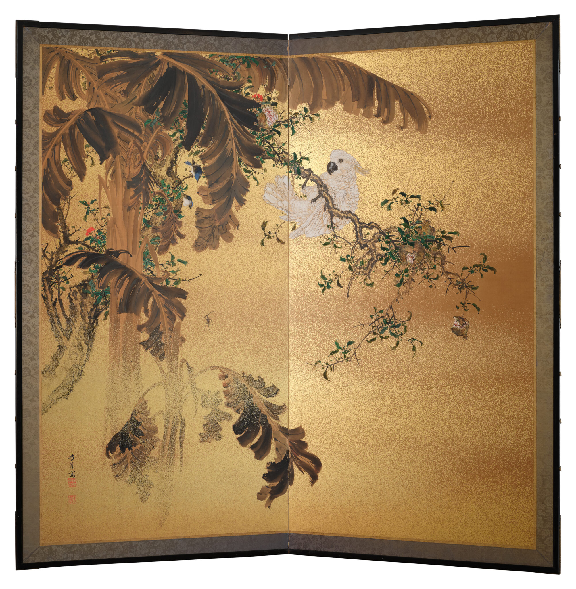 Japanese Two-Panel Screen: Tropical Paradise with a White Cockatoo
