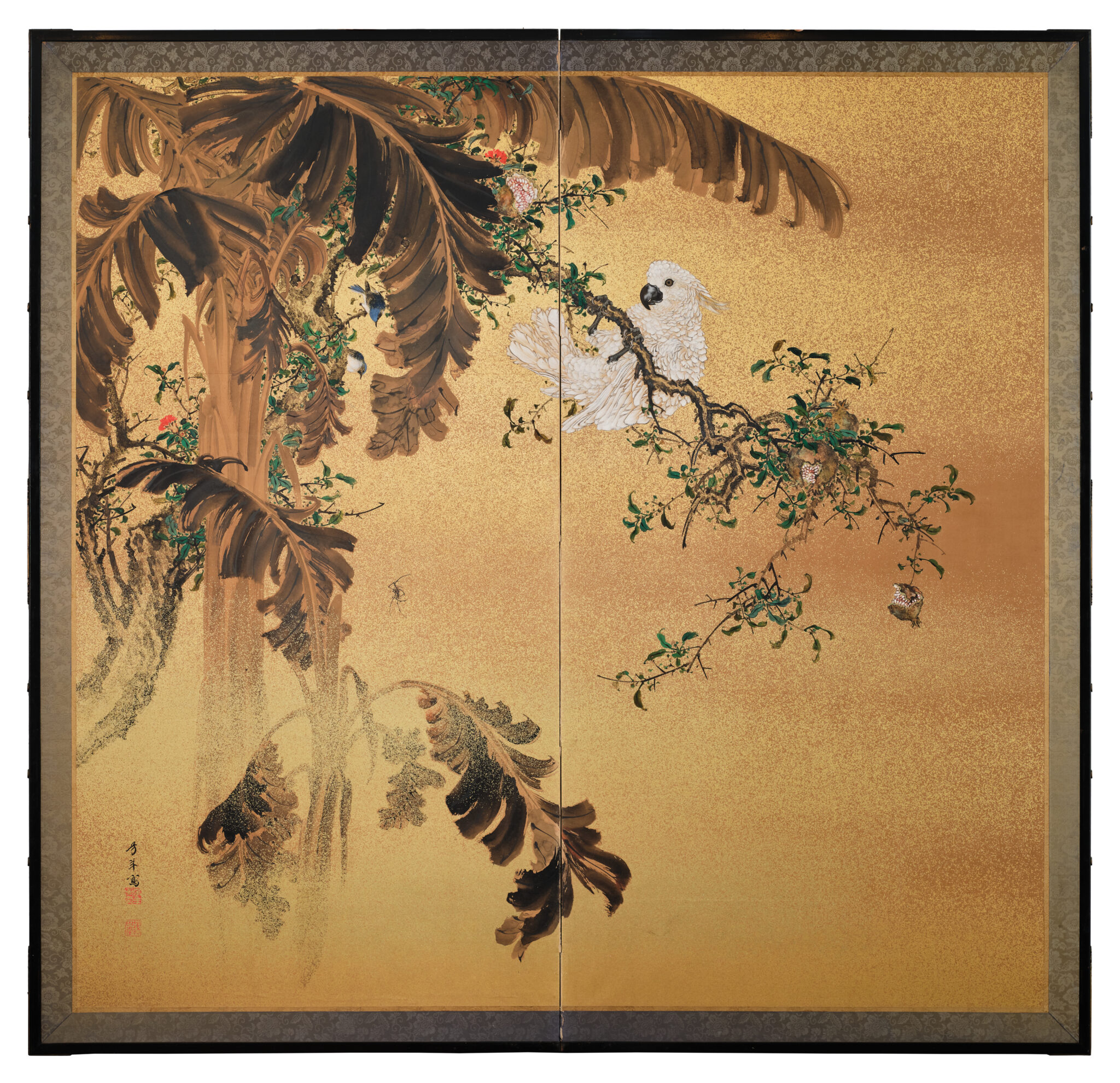 Japanese Two-Panel Screen: Tropical Paradise with a White Cockatoo