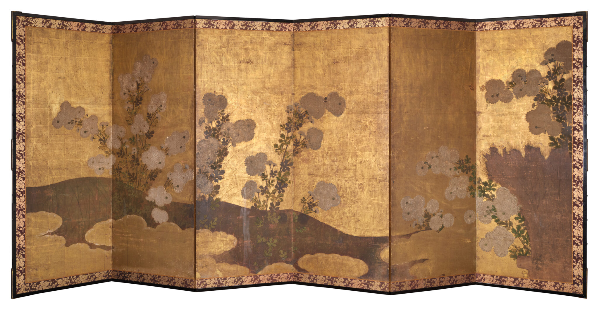 Japanese Six-Panel Screen: Chrysanthemums (Kiku) on Gold Leaf