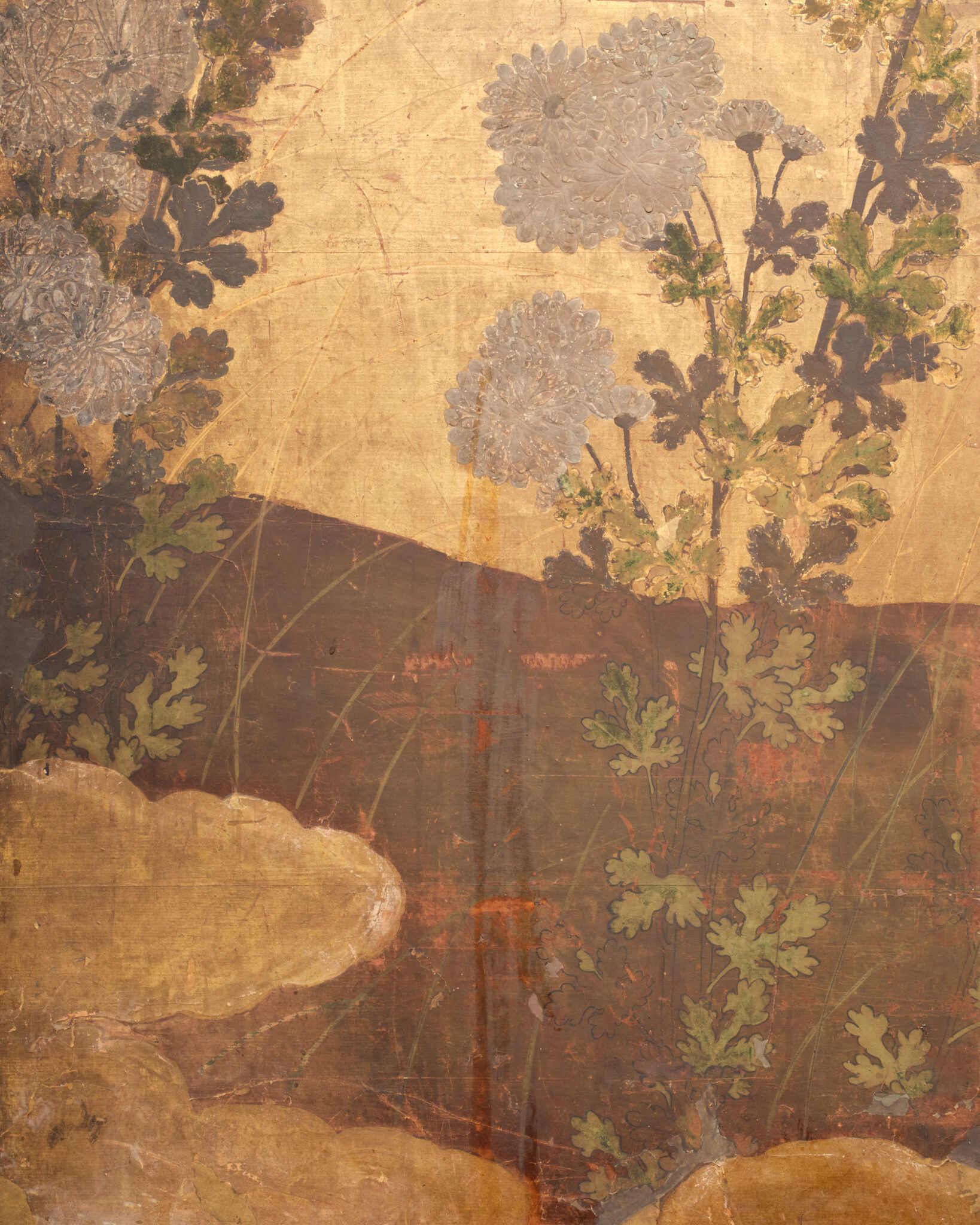 Japanese Six-Panel Screen: Chrysanthemums (Kiku) on Gold Leaf