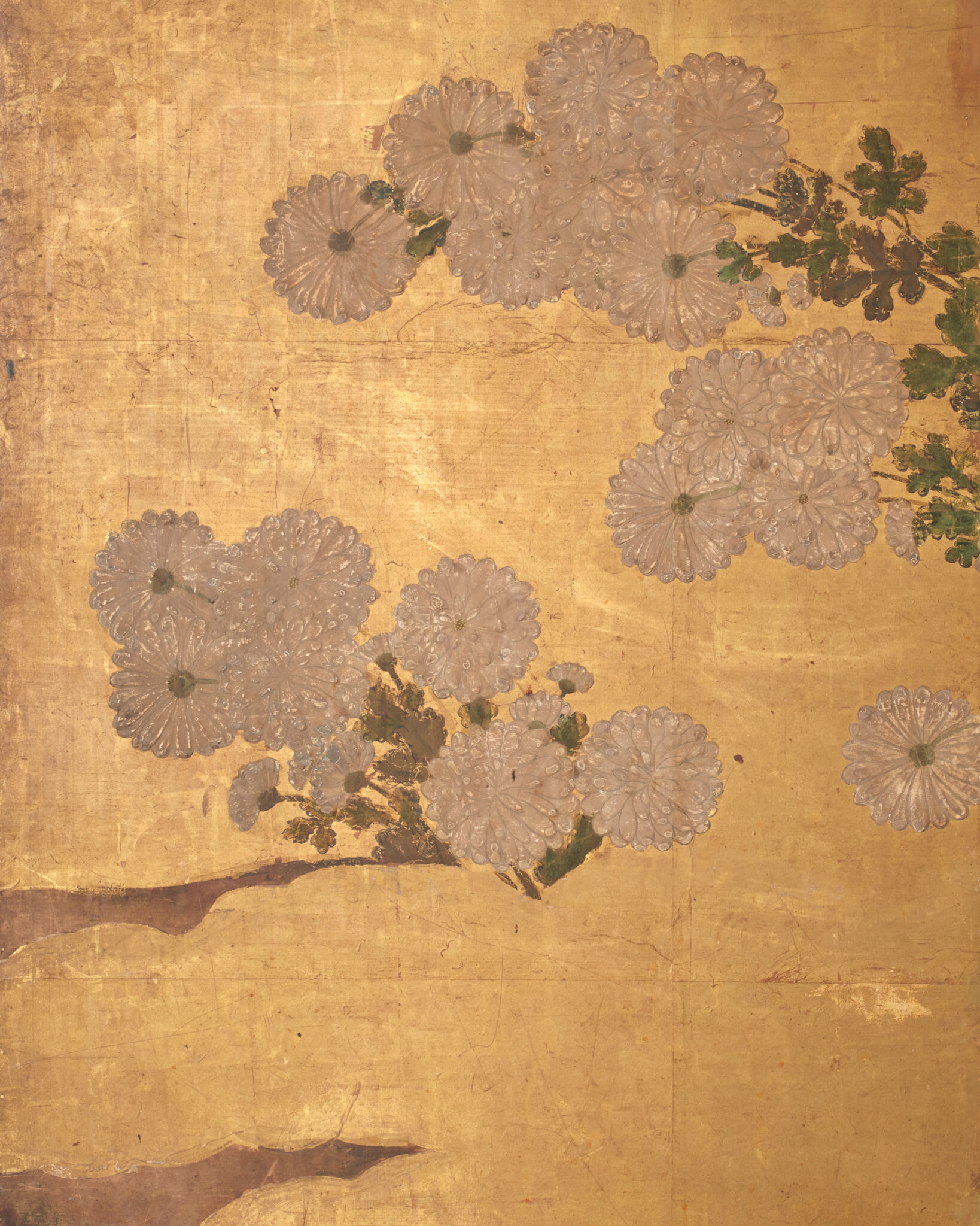 Japanese Six-Panel Screen: Chrysanthemums (Kiku) on Gold Leaf
