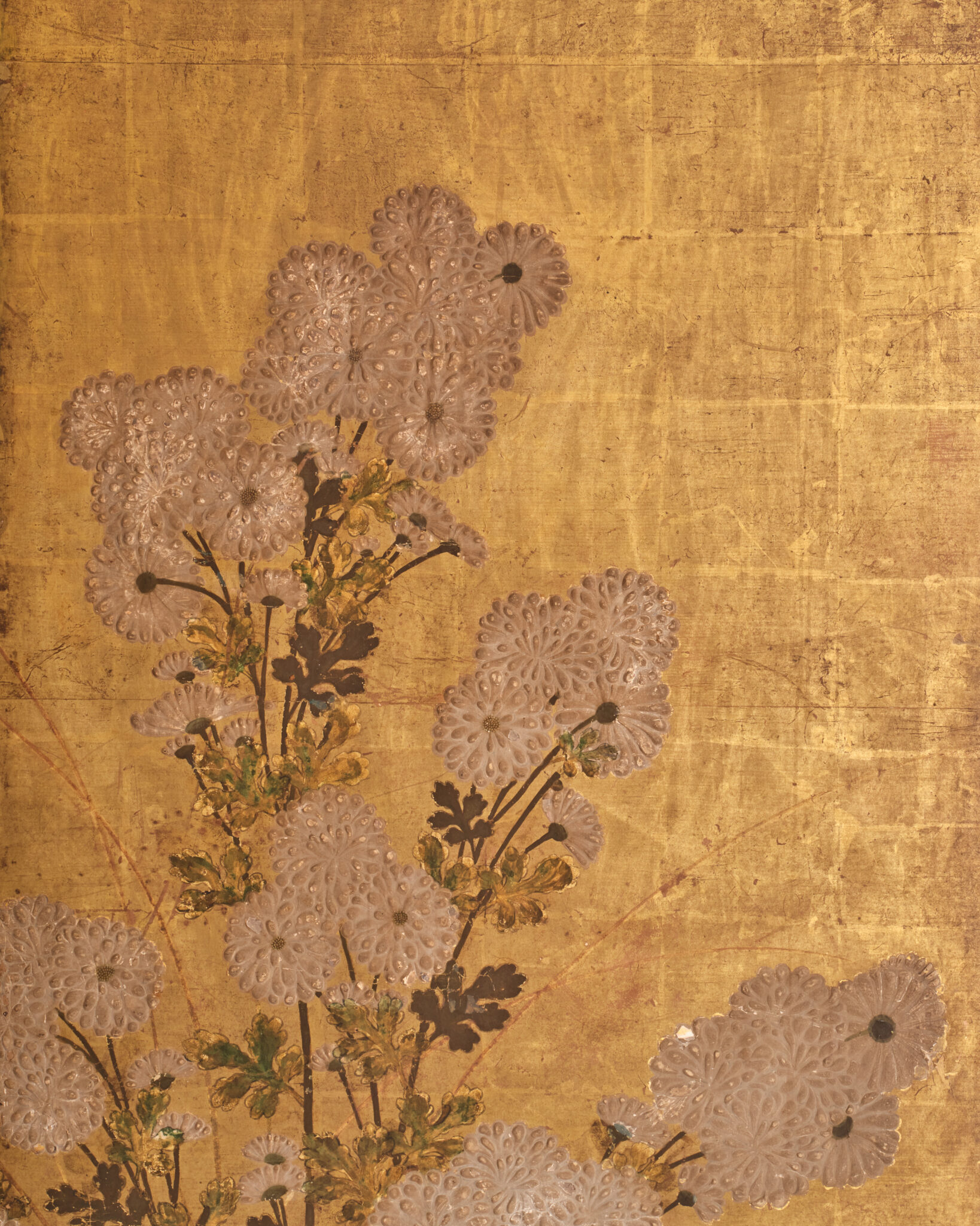 Japanese Six-Panel Screen: Chrysanthemums (Kiku) on Gold Leaf