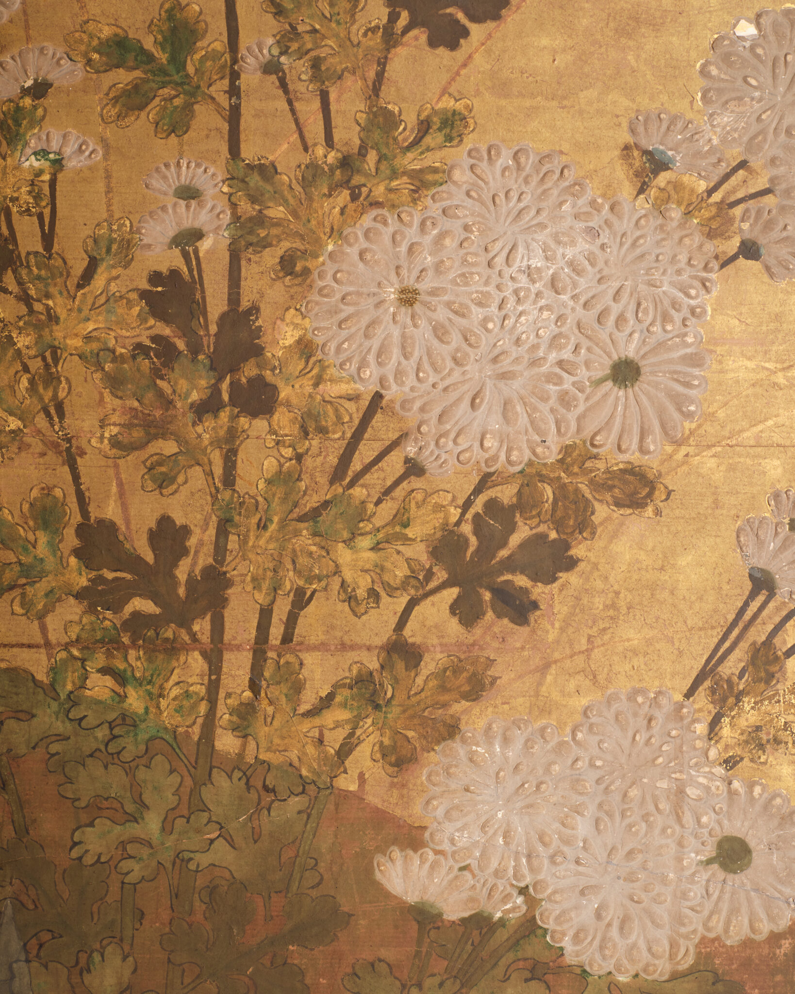 Japanese Six-Panel Screen: Chrysanthemums (Kiku) on Gold Leaf