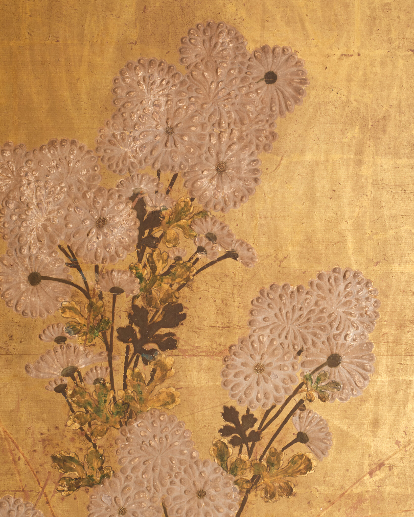 Japanese Six-Panel Screen: Chrysanthemums (Kiku) on Gold Leaf