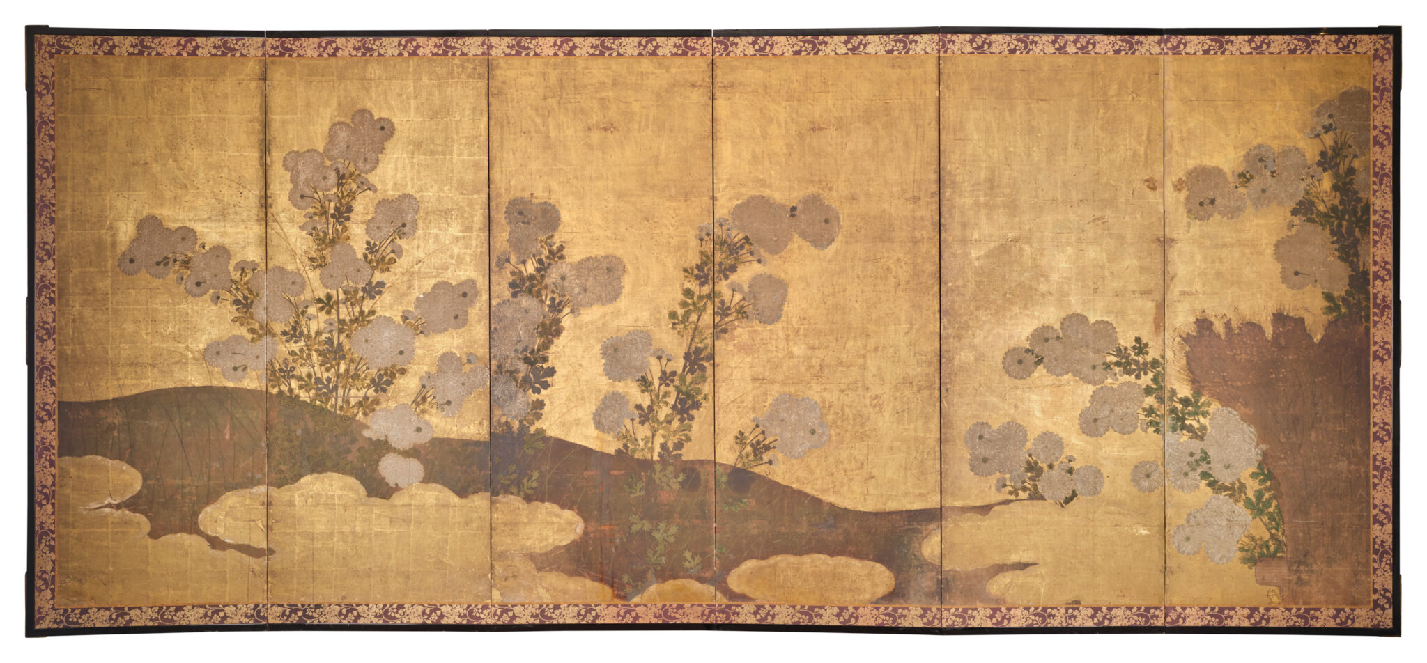 Japanese Six-Panel Screen: Chrysanthemums (Kiku) on Gold Leaf